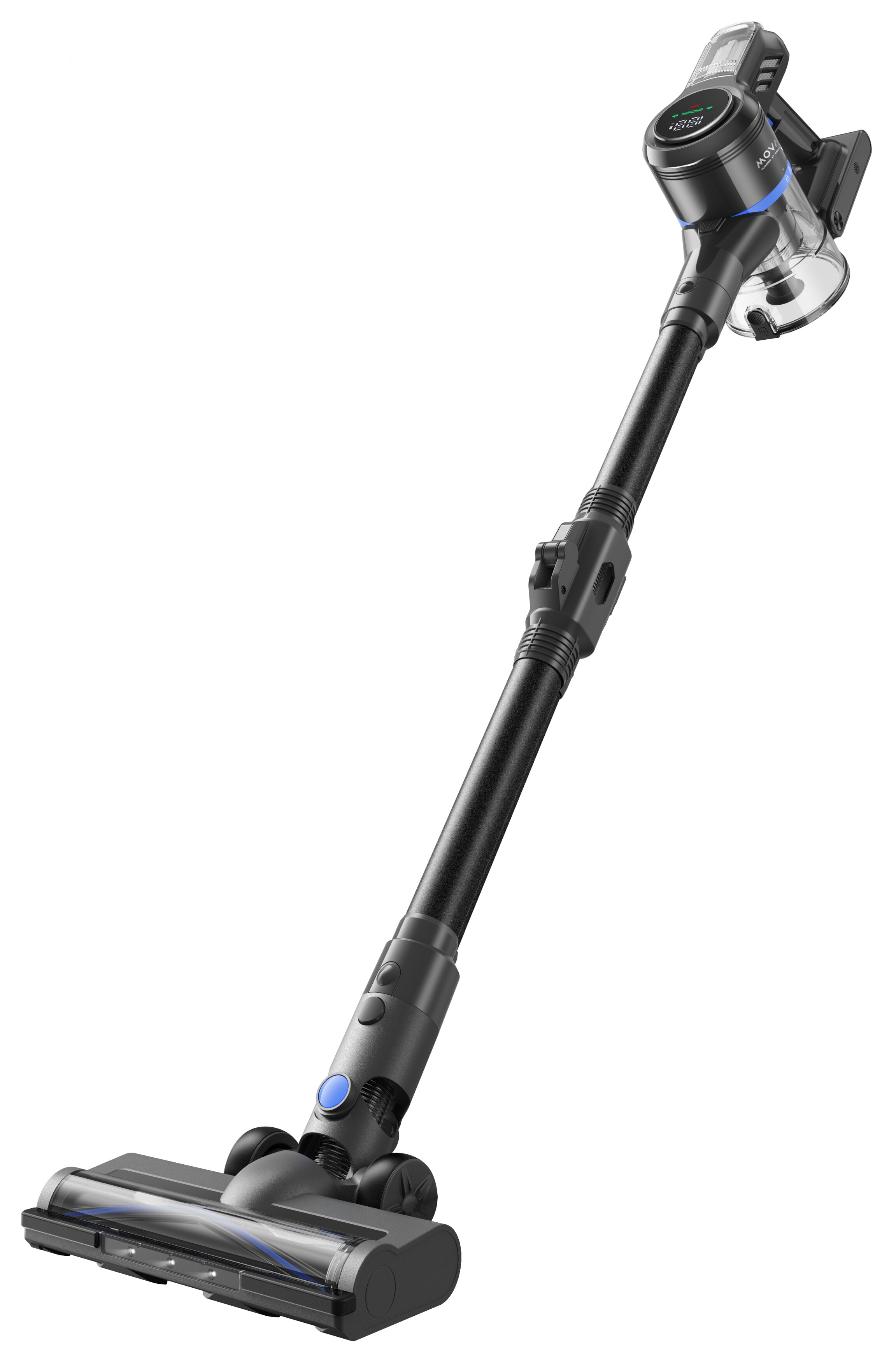 Czarny i szary odkurzacz bezprzewodowy. Ma długi uchwyt z głowicą szczotkową. Tło jest białe.