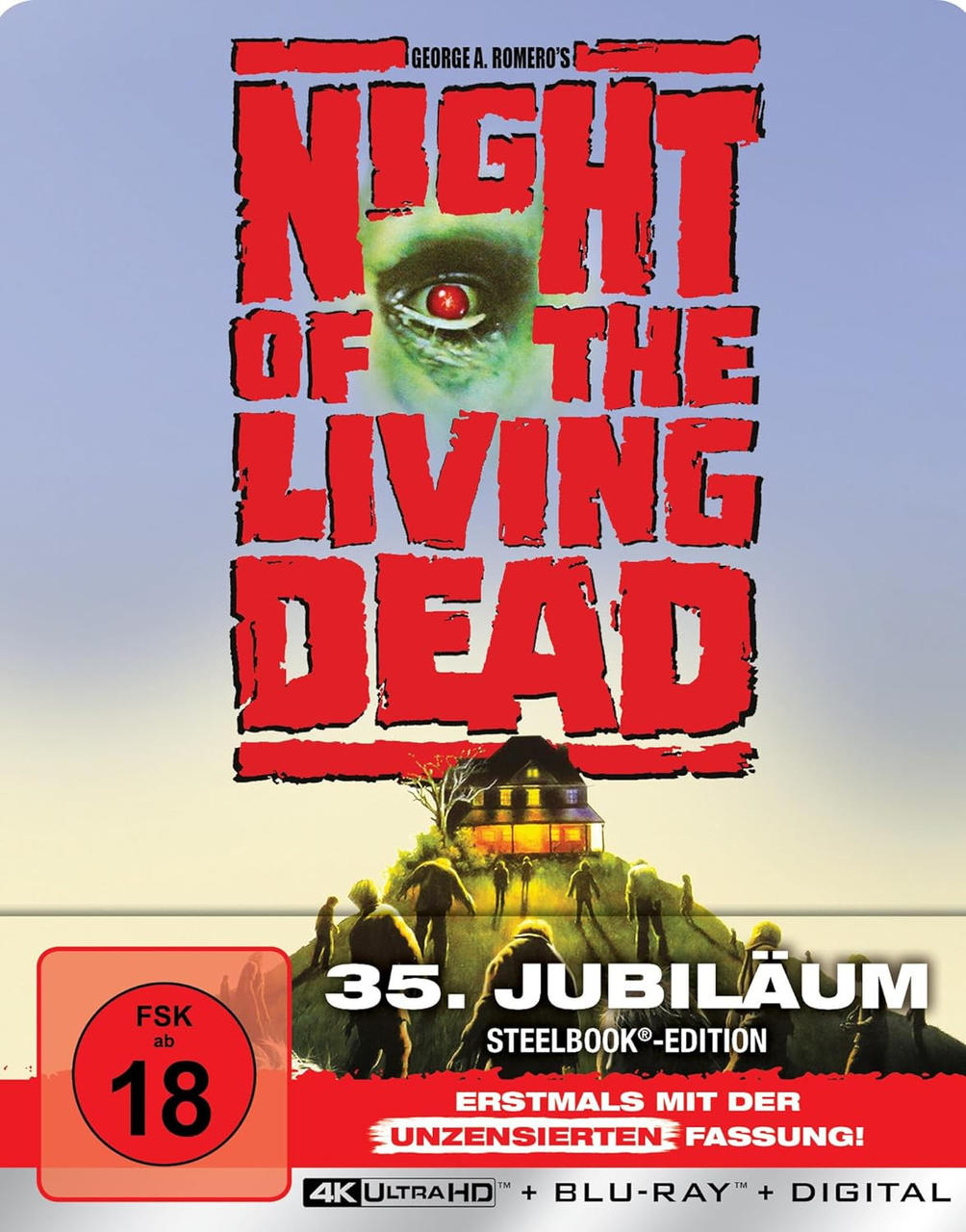 Filmcover für Night of the Living Dead. Zeigt roten Text, ein Zombieauge und eine Szene mit Menschen vor einem Haus.