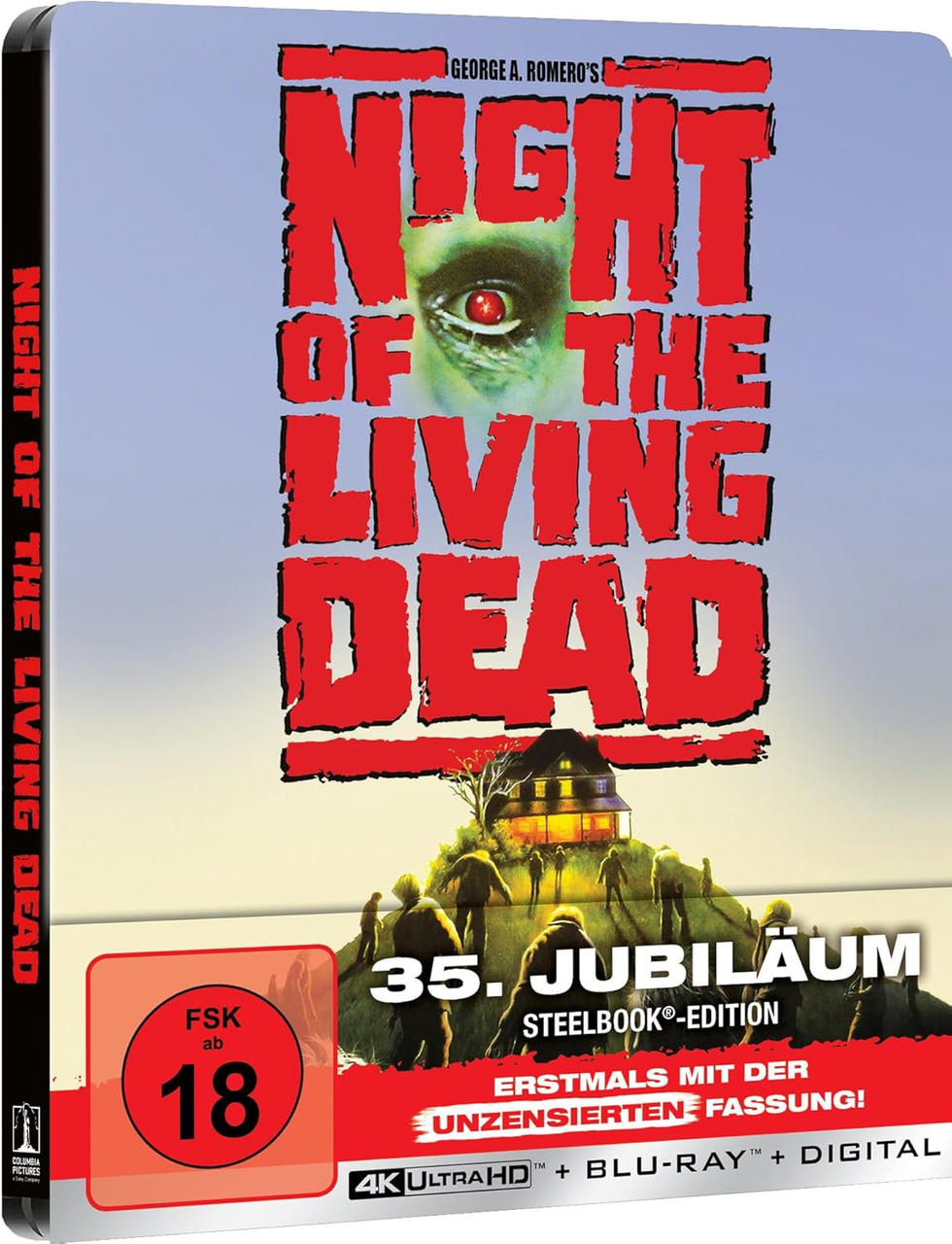 Filmcover für "Night of the Living Dead". Roter Titeltext über einem Zombieauge. Figuren gehen auf ein Haus zu.