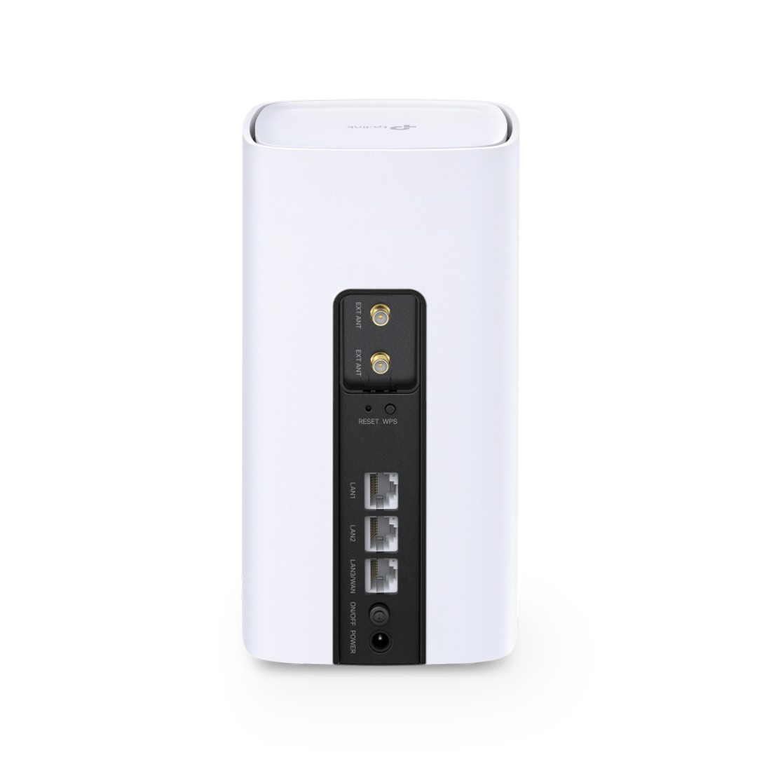 Weißer TP-Link-Router. Hat Anschlüsse für LAN, WAN, Strom und externe Antennen. Beschriftungen sind EXT ANT, LAN1, LAN2, LAN3/WAN, ON/OFF, POWER und RESET WPS.