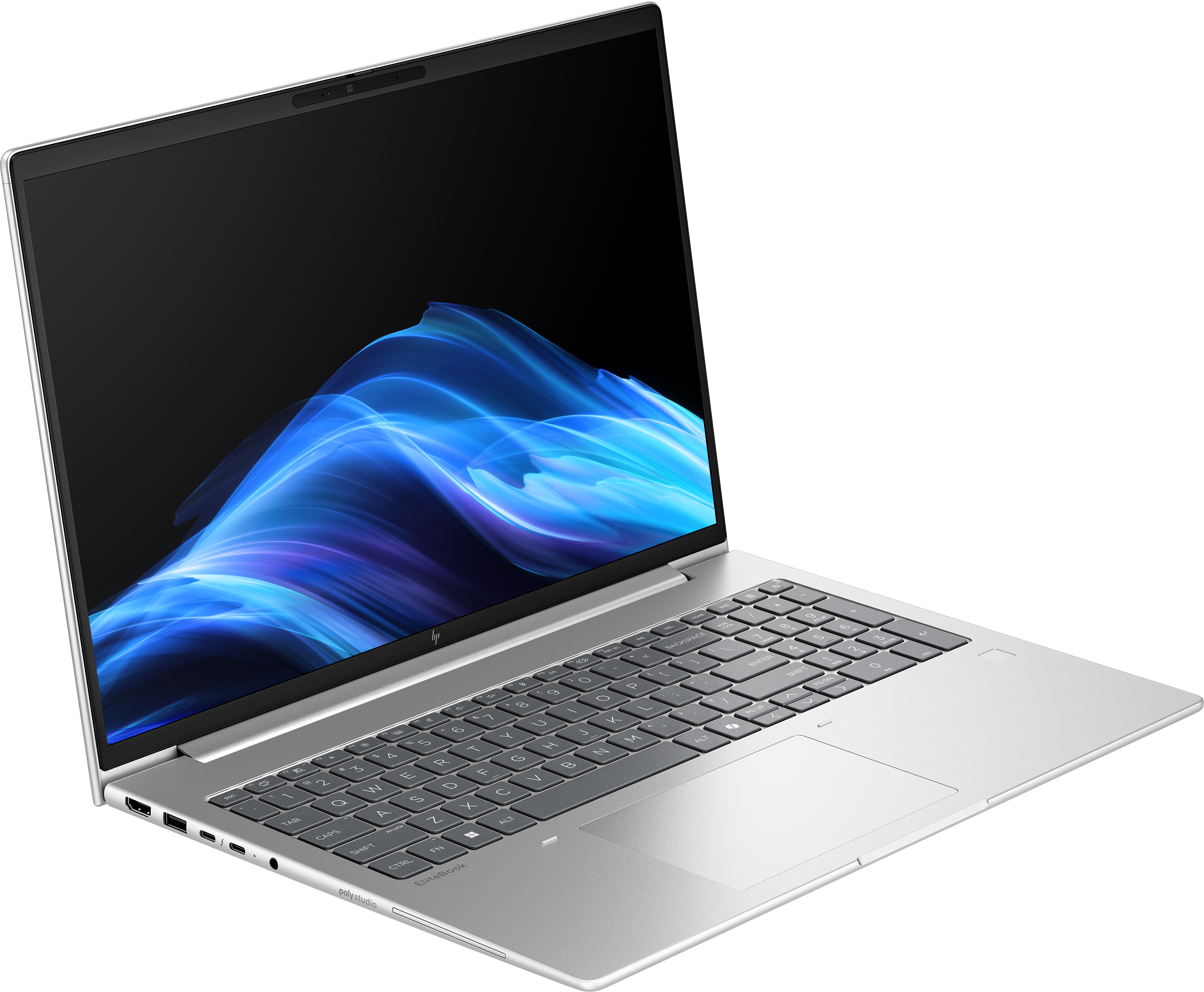 Ein silberner Laptop ist geöffnet und zeigt ein blaues und schwarzes abstraktes Design auf dem Bildschirm. Die Tastatur ist sichtbar.