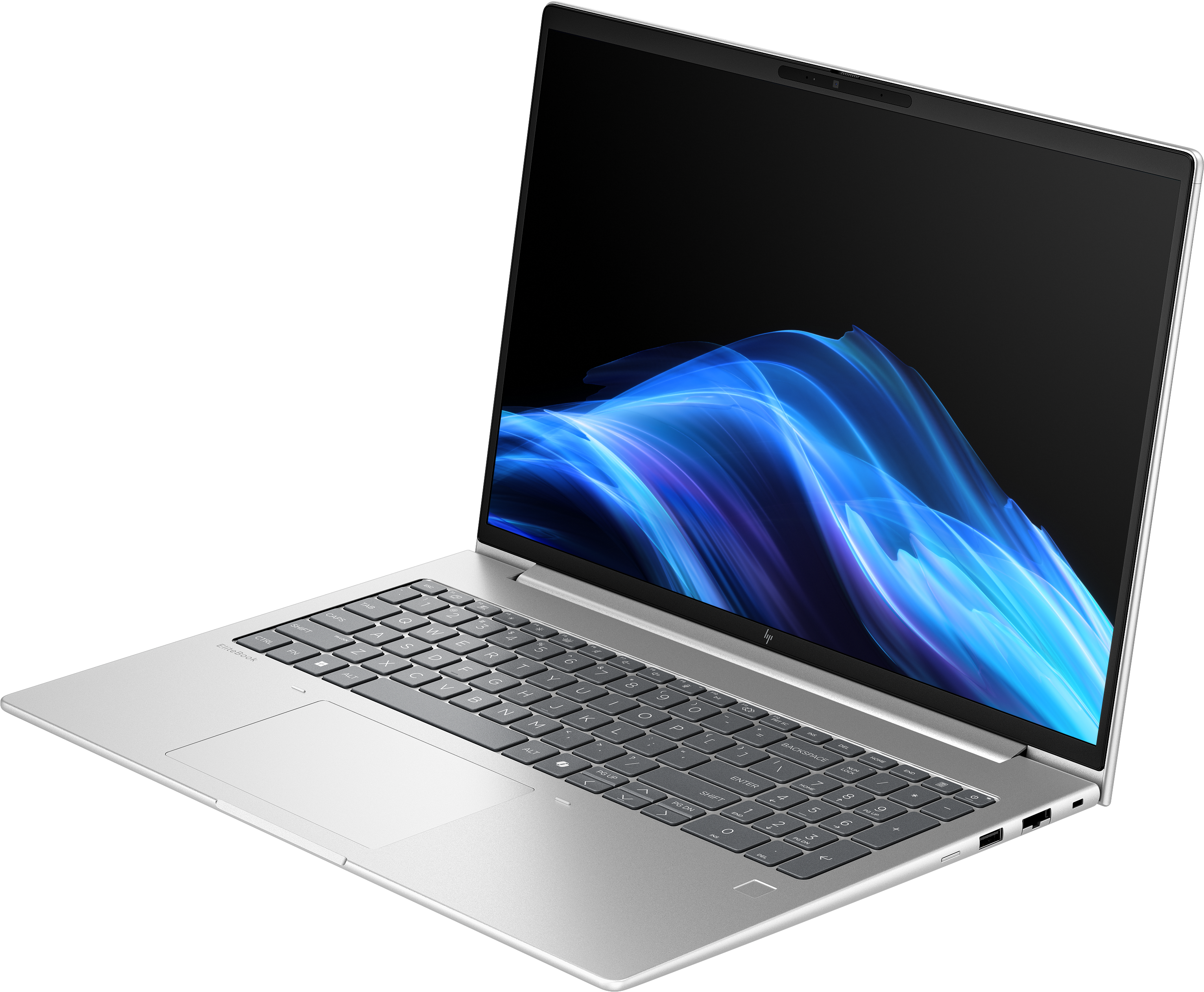 Silberner Laptop auf schwarzem Hintergrund. Bildschirm zeigt blaues und weißes abstraktes Design. Tastatur sichtbar, mit HP-Logo.