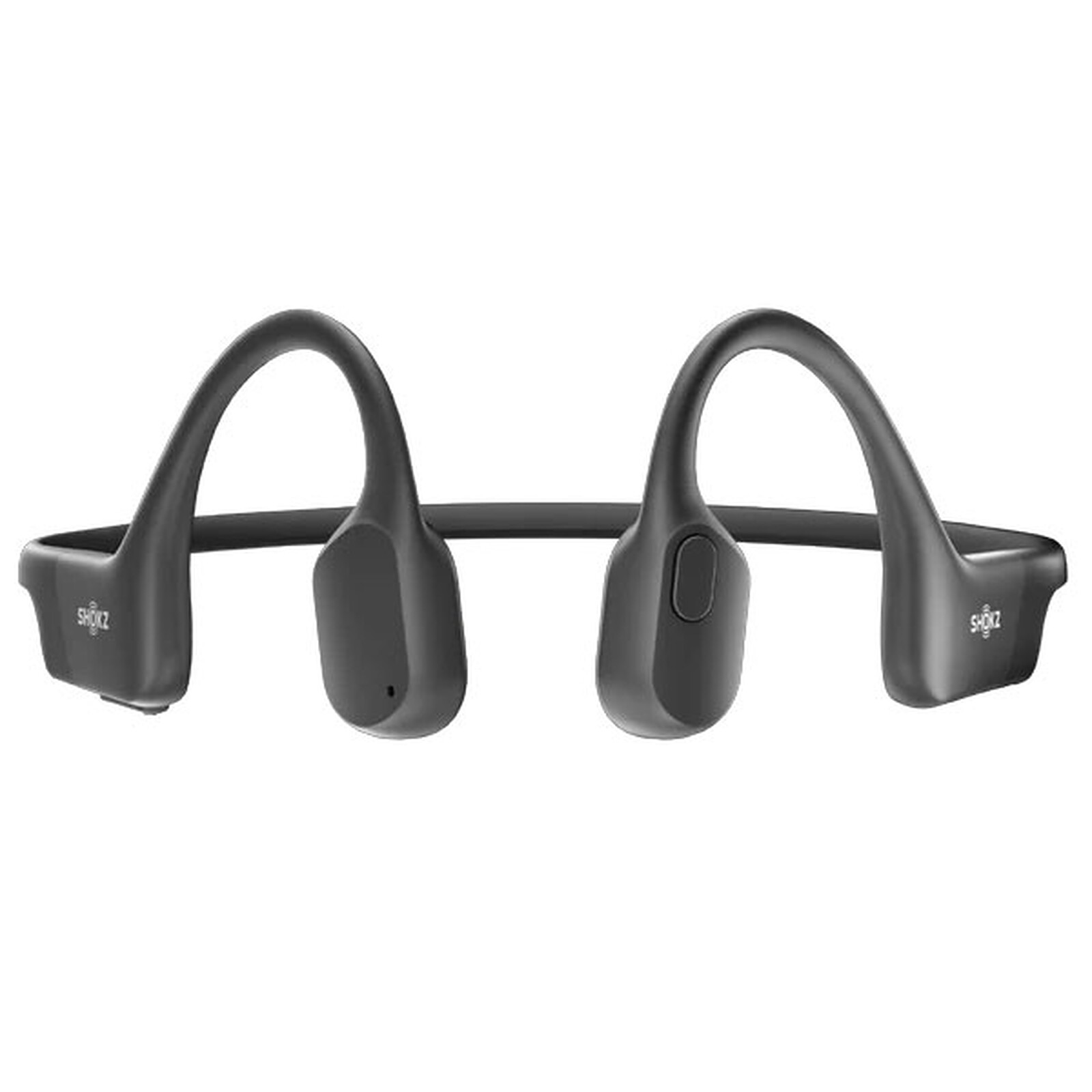 Siyah Shokz kemik iletimli kulaklık. Başın arkasından dolanan bir bantla bağlı iki kulak parçası vardır.