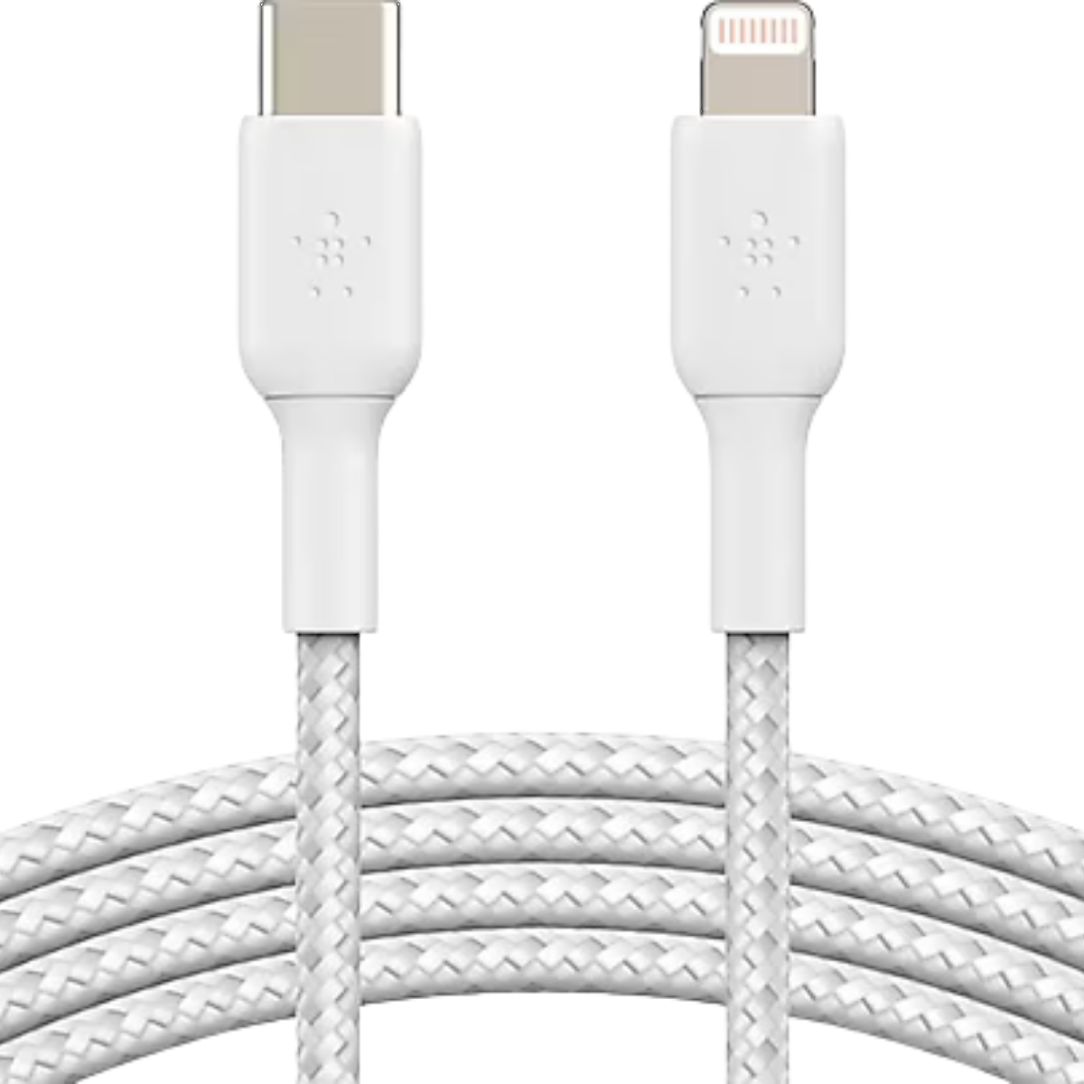 Beyaz bir USB-C - Lightning kablosu. Konnektörler beyaz, kablo beyaz örgülü. Siyah arka plan.