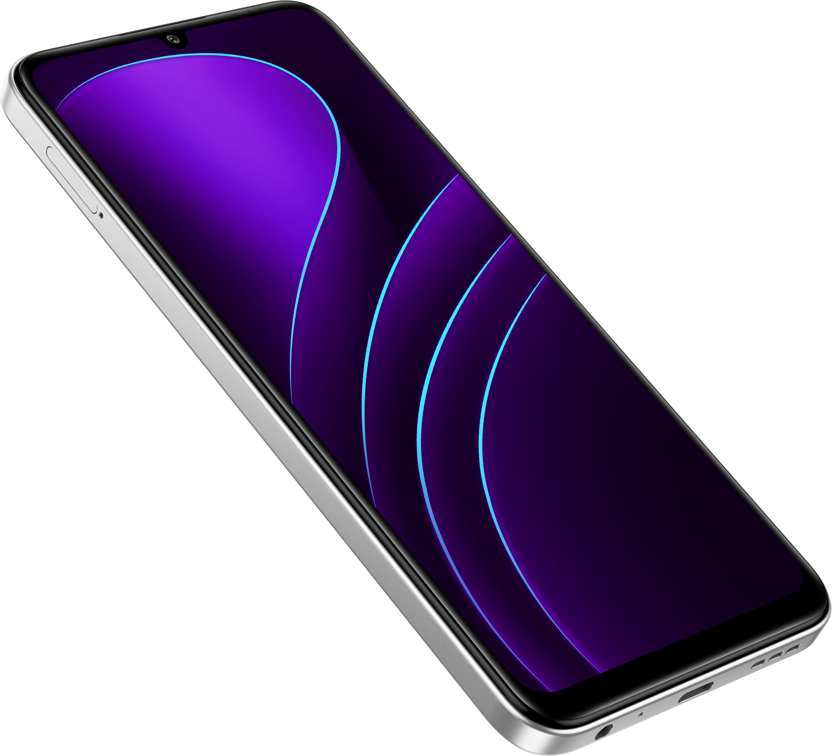 Gümüş bir akıllı telefon, siyah bir arka plan üzerinde mavi kavisli çizgilerle mor bir ekran gösteriyor.
