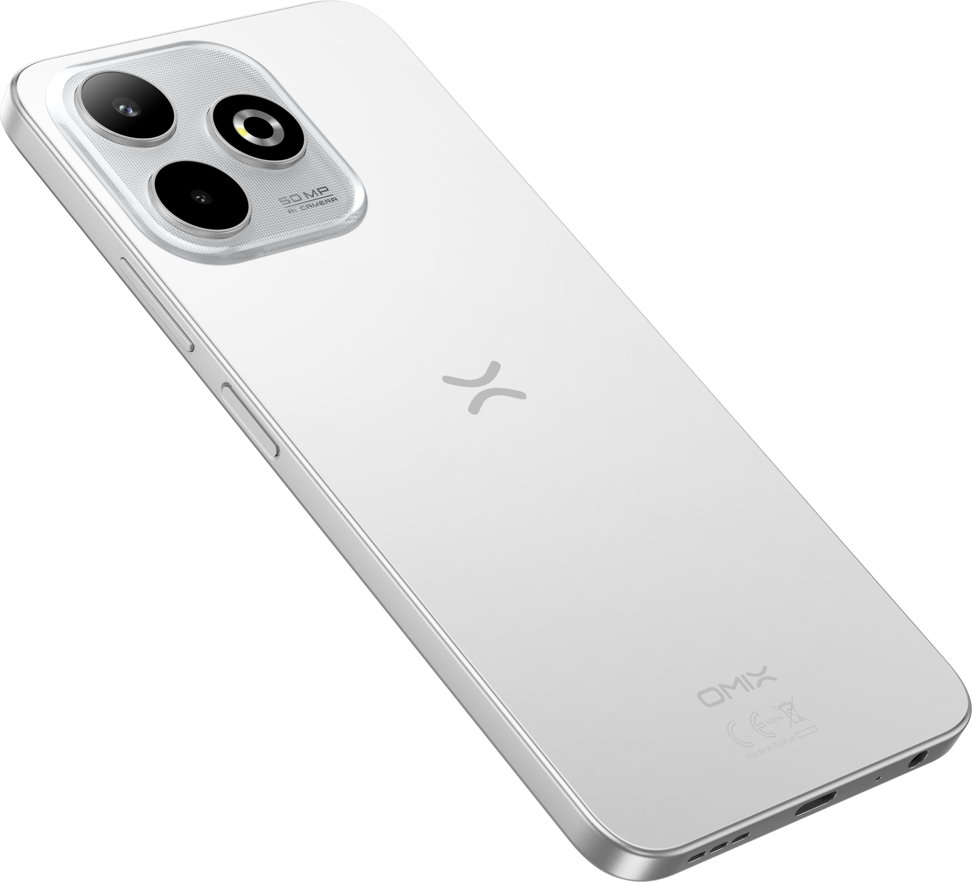 Kamera modülü ve logosu olan beyaz bir akıllı telefon, telefonun arkası görünüyor. Siyah arka plan.