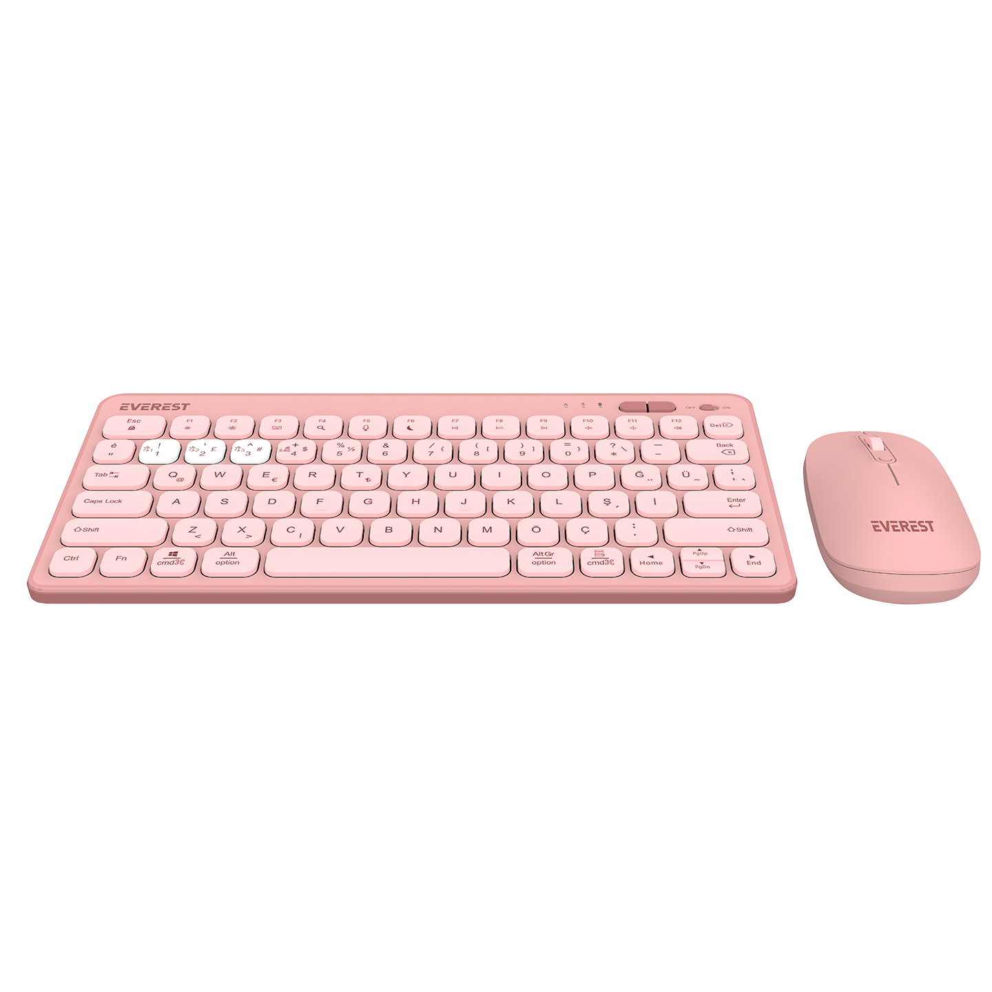 Pembe bir kablosuz klavye ve fare seti. Klavyenin pembe detaylı beyaz tuşları vardır. Fare sağ tarafta.