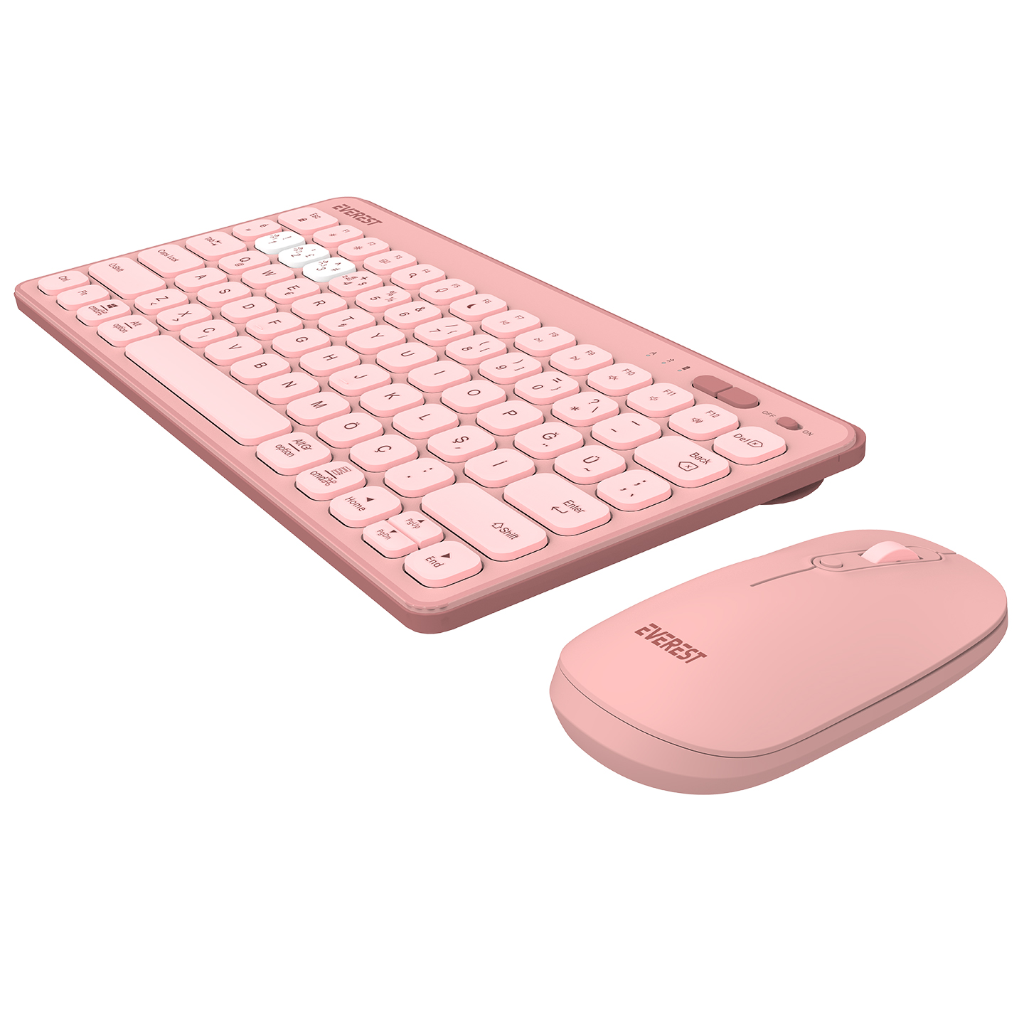 Pembe bir Everest klavye ve fare seti. Klavyenin beyaz tuşları ve farenin kaydırma tekerleği var. Her ikisi de beyaz bir arka plan üzerinde.