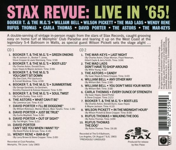 Albumcover für Stax Revue: Live in '65 mit Titellisten und Künstlernamen. Mit Booker T. & the M.G.'s und Wilson Pickett.