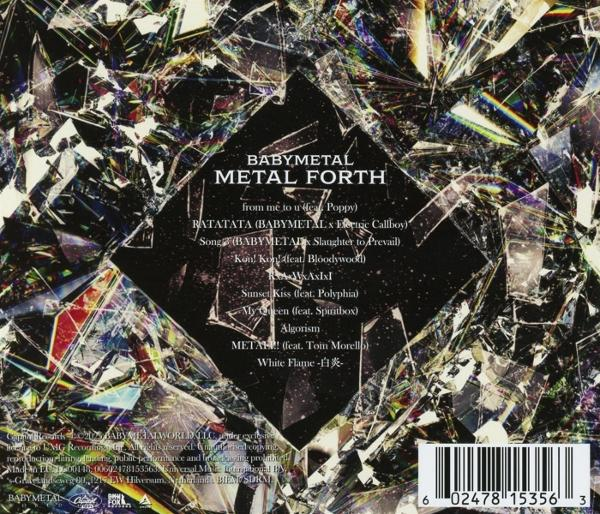 Albumcover für Babymetals 'Metal Forth'. Enthält zerbrochenes Glasdesign mit schwarzem Diamanten und Titelliste.