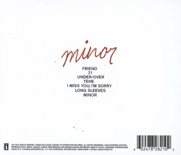 Albumcover mit "minor" in roter Schrift. Songtitel sind "Friend", "Under/Over" und "Long Sleeves". Barcode und Copyright-Info unten.