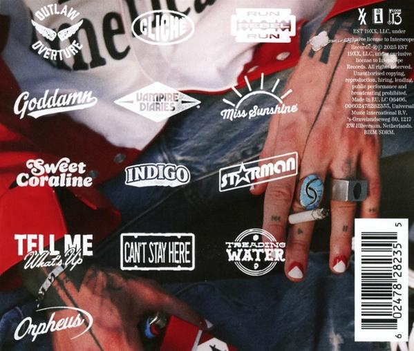 Albumcover mit Hand, die eine Zigarette hält. Textetiketten umfassen "Outlaw", "Sweet Coraline", "Starman", "Treading Water".
