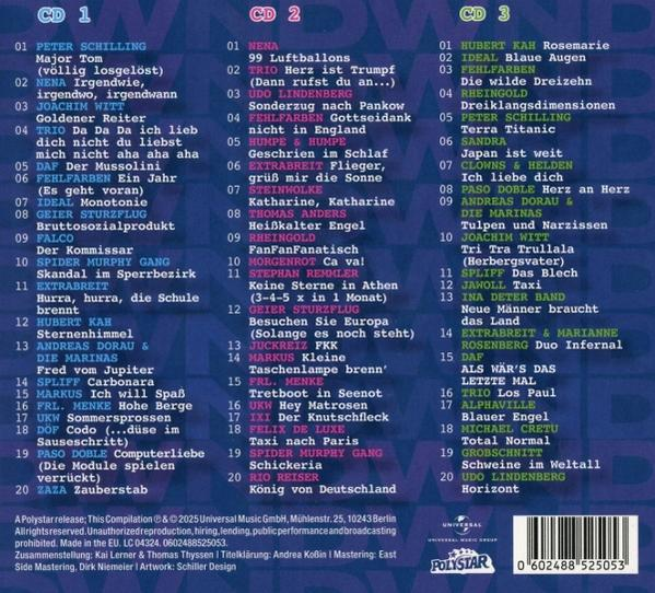 CD-Hüllen mit Songtiteln und Künstlern. Enthält Titel wie 'Major Tom' und '99 Luftballons', auf Deutsch.
