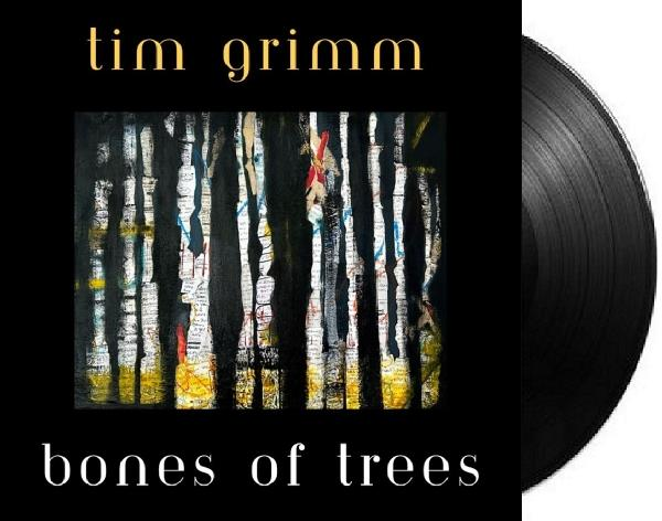 Albumcover mit 'tim grimm' und 'bones of trees'. Kunstwerk zeigt vertikale Linien mit einer Schallplatte rechts.