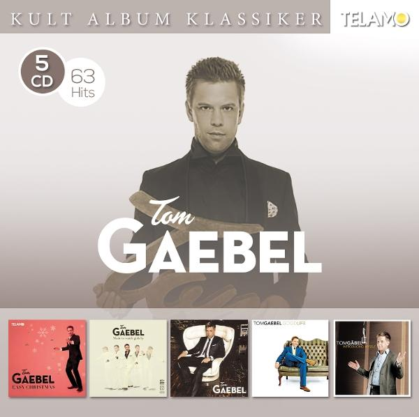 Albumcover mit Tom Gaebel. Oben ist ein Mann. Unten sind 5 Albumcover.