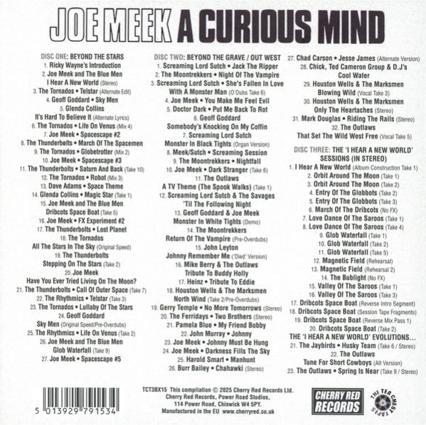 Albumcover für Joe Meek's Compilation mit Titeln auf drei CDs. Enthält Text und ein Cherry Red Records Logo.