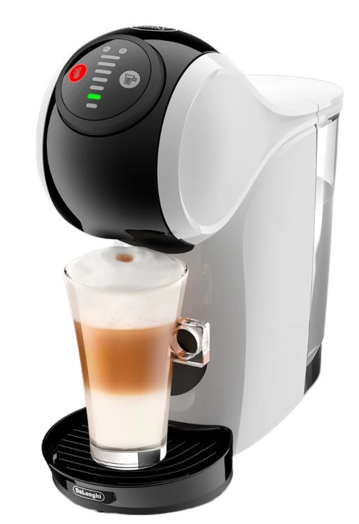 Biało-czarny ekspres do kawy ze szklanką warstwowej kawy. Świeci się czerwone światło. Czarna podstawa z logo Delonghi.