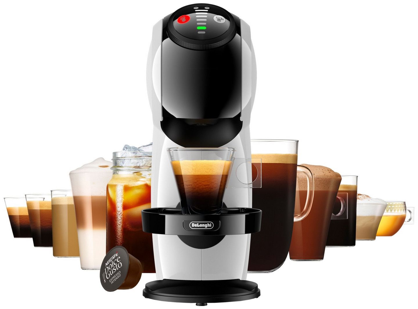 Biało-czarny ekspres do kawy z różnymi napojami kawowymi w tle i kapsułką Dolce Gusto.