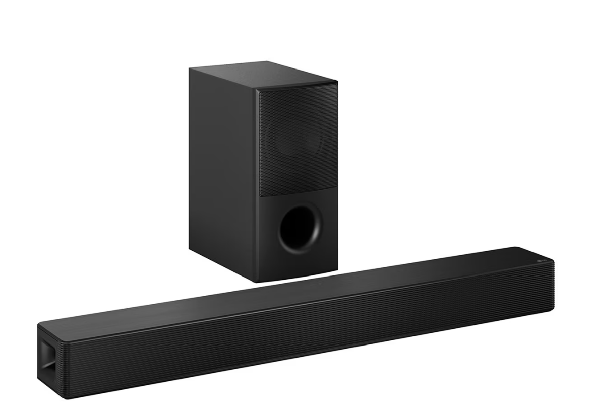 Siyah bir soundbar ve subwoofer seti. Subwoofer dikdörtgen şeklinde. Soundbar uzun ve dikdörtgen.
