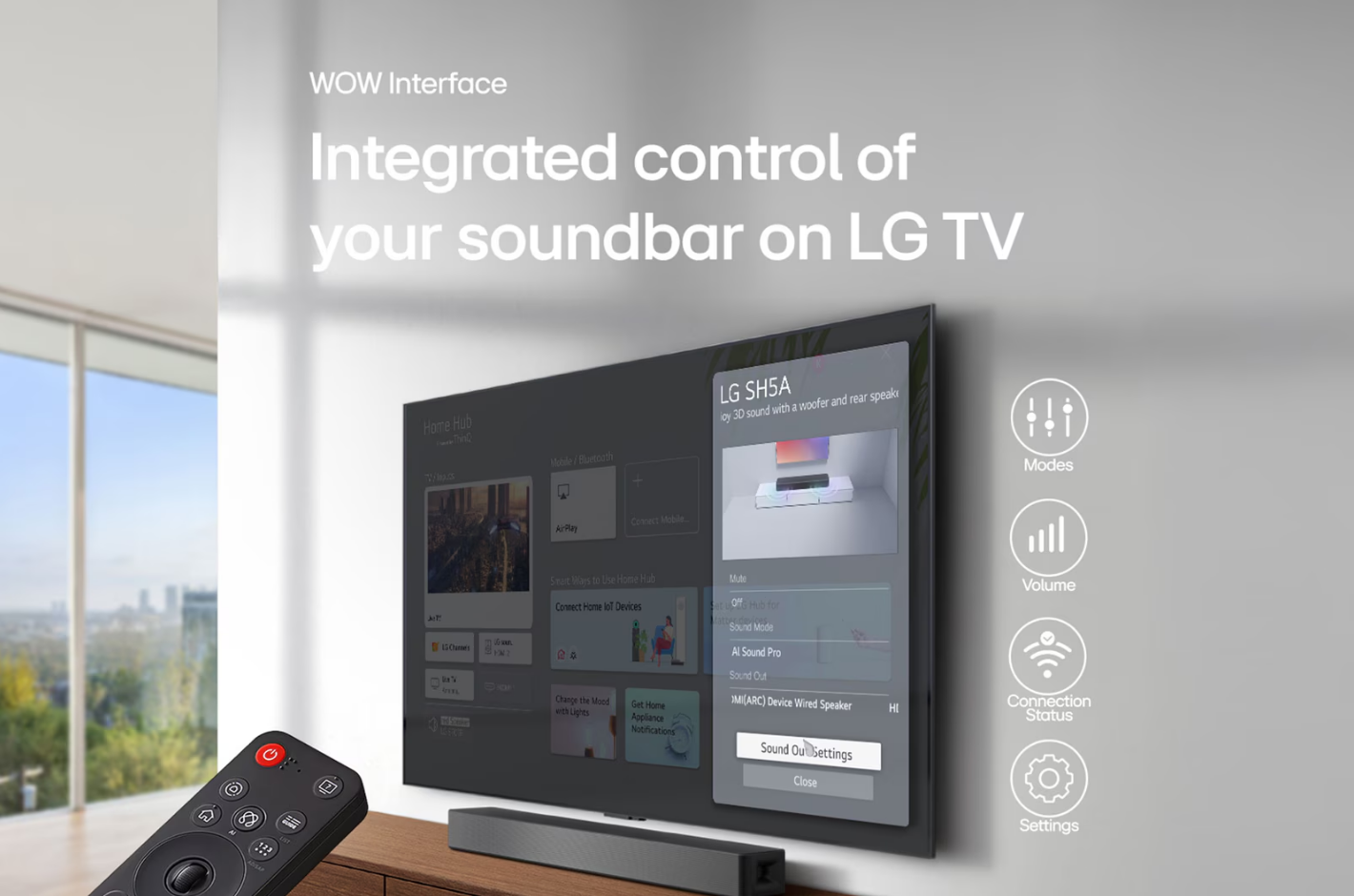 LG TV arayüzü, soundbar kontrol seçeneklerini gösteriyor. Uzaktan kumanda, TV, soundbar ve modlar, ses kontrolü gibi öğeler içerir.