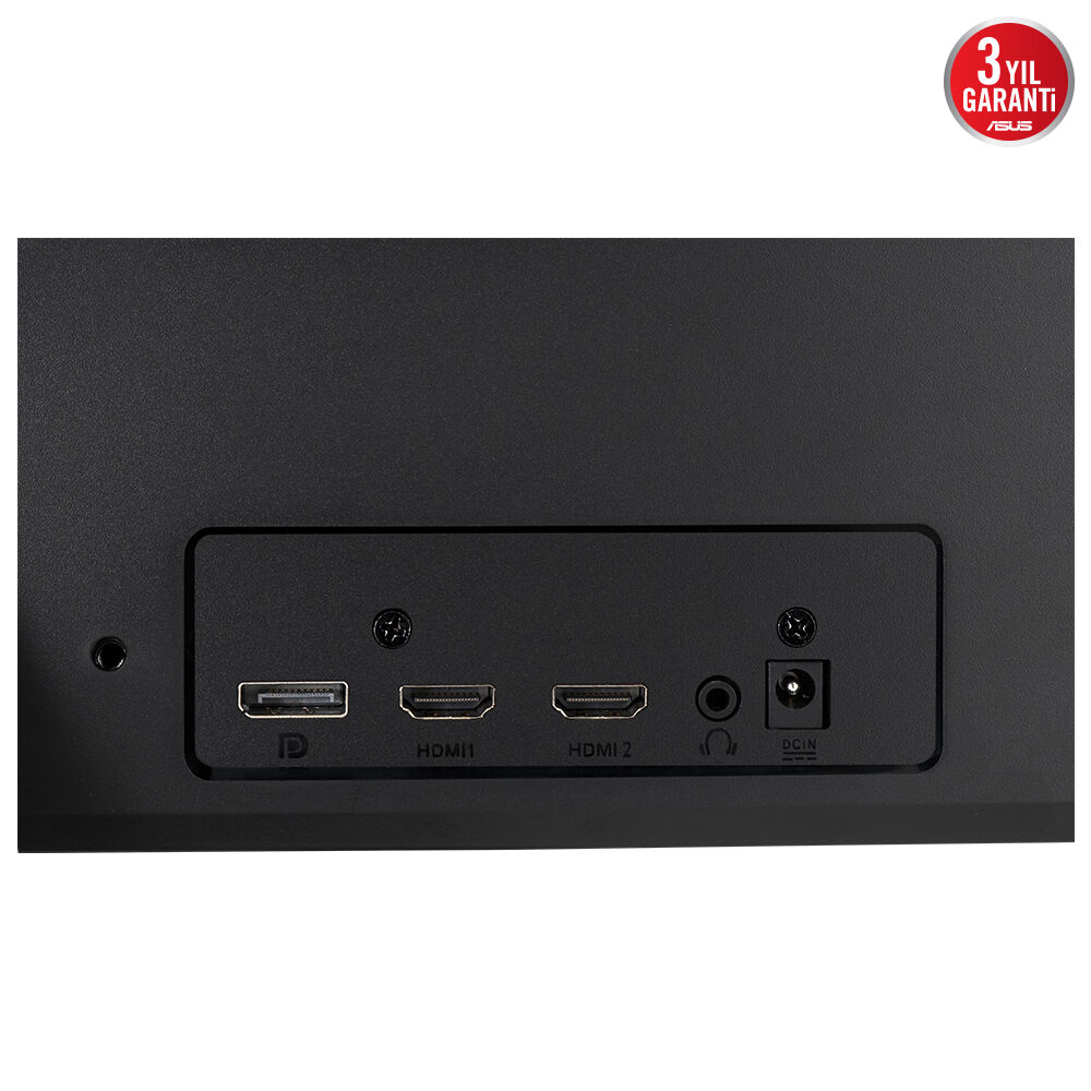 Bir monitörün arka panelinin yakın çekimi. HDMI1, HDMI2 ve DCIN etiketli bağlantı noktaları var. Bir garanti logosu sağ üst köşede.
