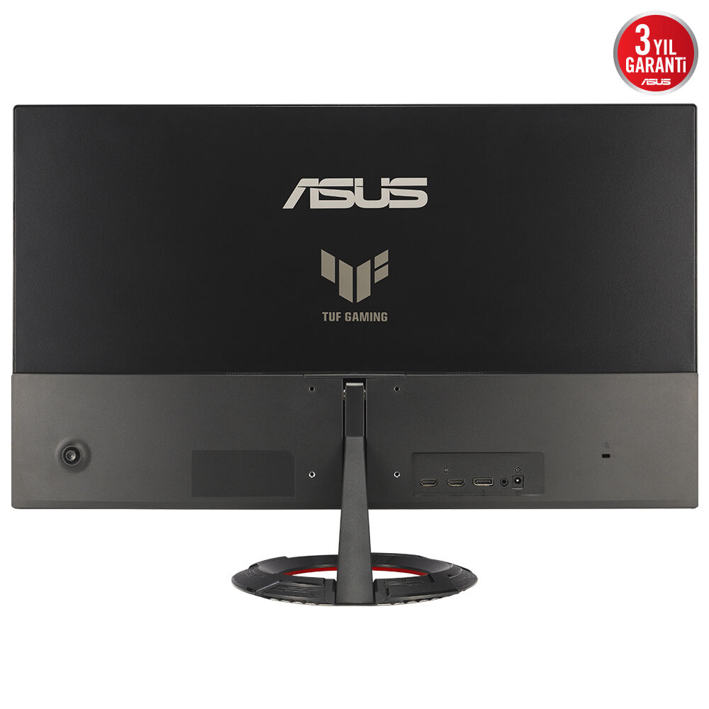 Siyah ASUS Tuf gaming monitörün arka görünümü. ASUS logosu, destek ayağı ve alt kısımda bağlantı noktaları bulunur. 3 yıl garanti rozeti.
