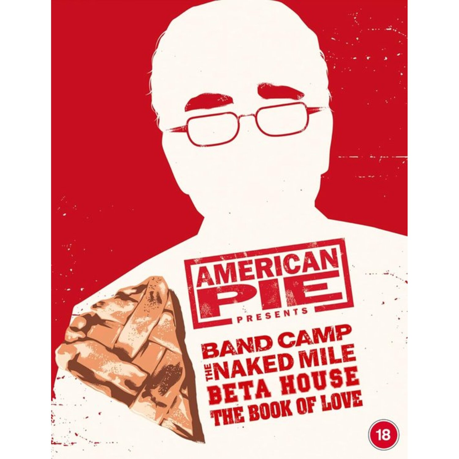 Filmposter voor American Pie presents. Silhouet van een man met bril, taartpunt en filmtitels op rode achtergrond.
