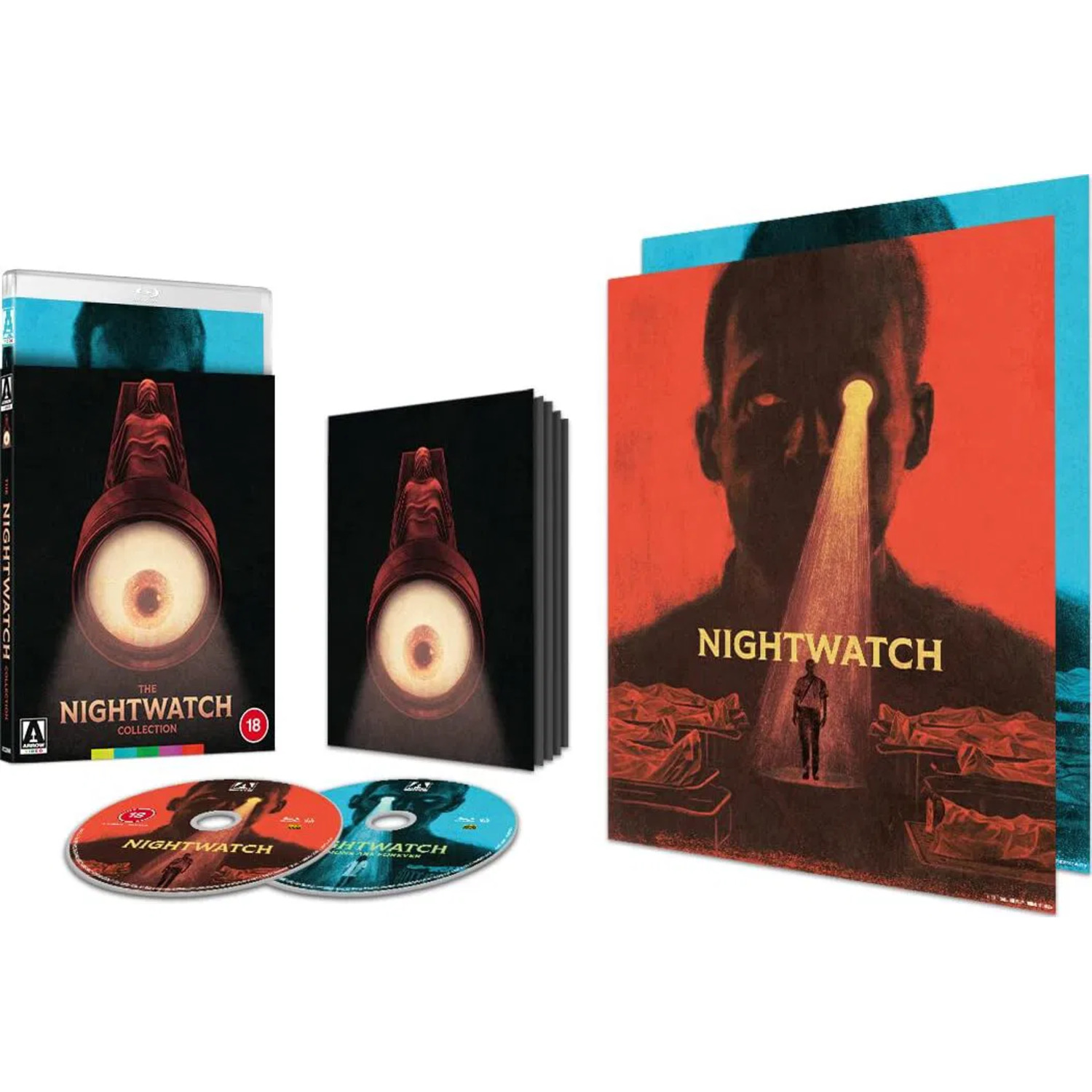 Coffret collector Nightwatch. Comprend un coffret avec un motif d'œil, deux DVD et un livre. La couverture représente un visage d'homme.