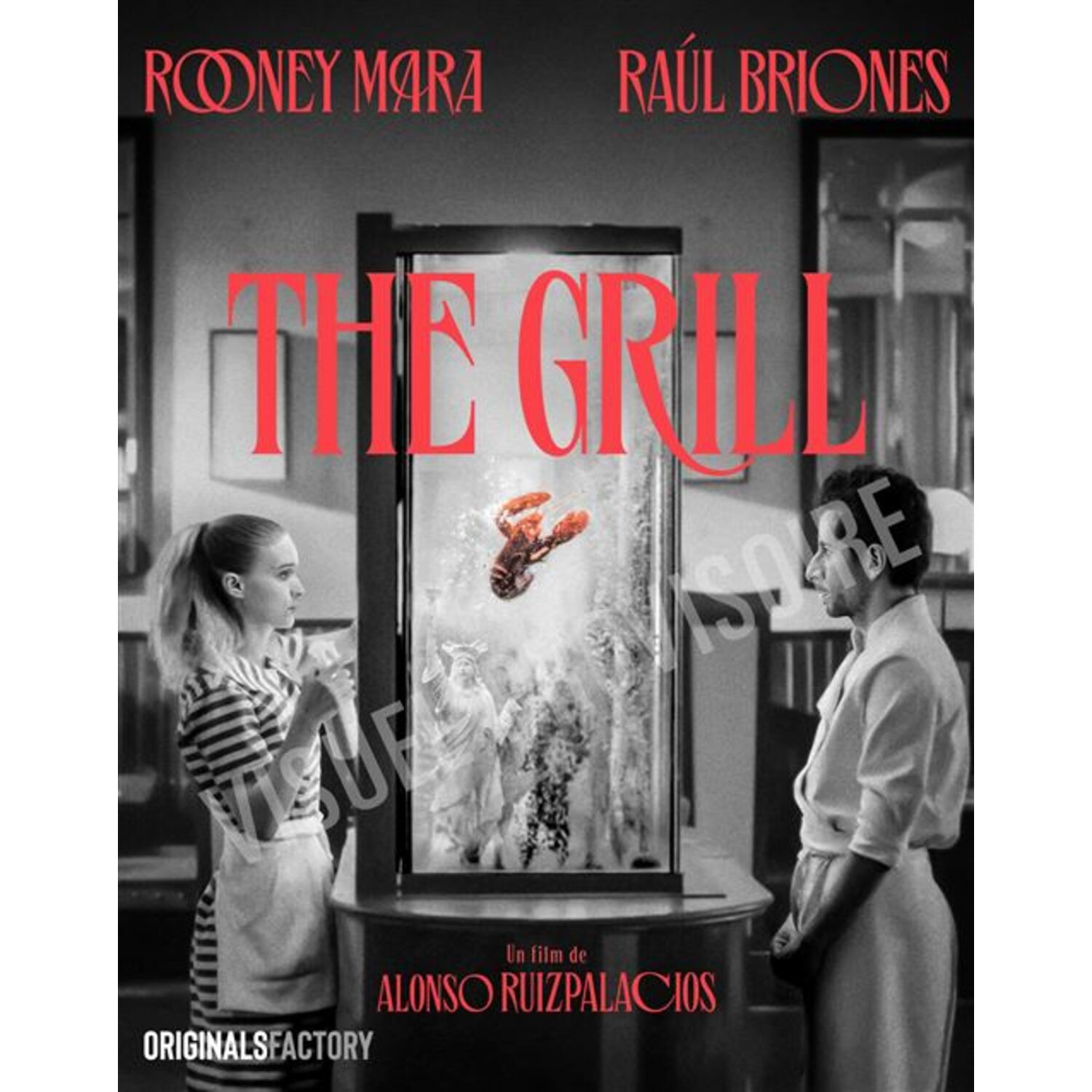 Filmposter voor 'The Grill' met Rooney Mara en Raúl Briones. Een vrouw en een man staan aan weerszijden van een display met een kreeft.