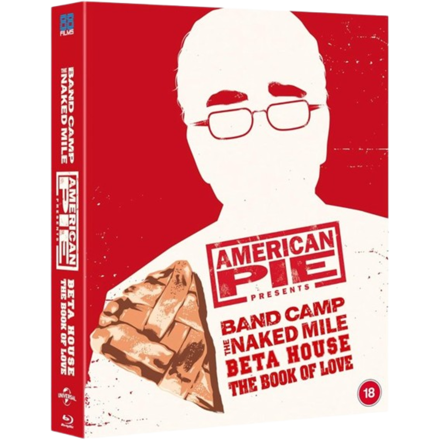 DVD-hoes van American Pie presenteert Band Camp, Naked Mile, Beta House en The Book of Love. Toont silhouet man en taart.