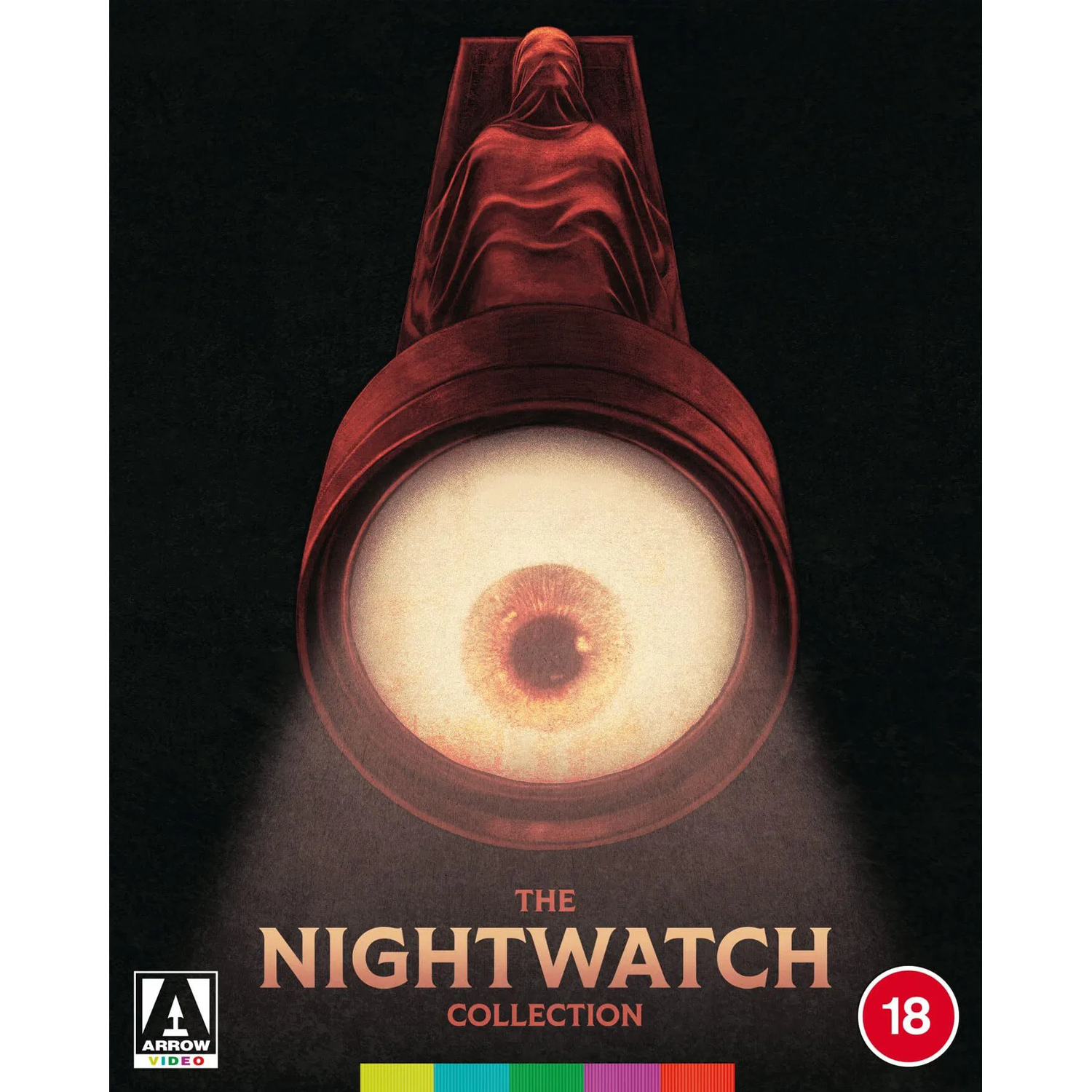 Couverture de The Nightwatch Collection. Présente un grand œil dans un cadre rouge, une figure encapuchonnée et le texte 'The Nightwatch Collection'.