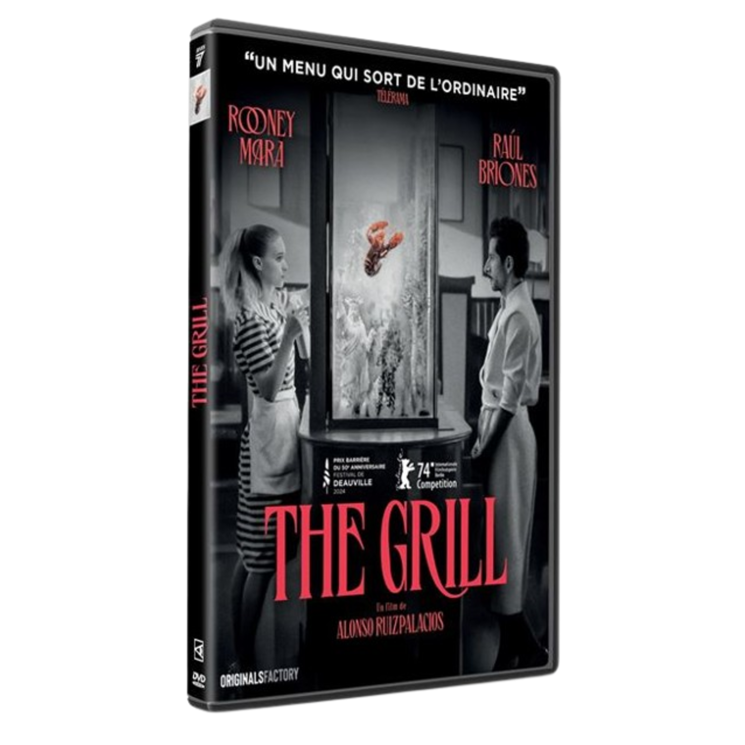 DVD-hoes van 'The Grill'. Met Rooney Mara en Raúl Briones. Een kreeft in het midden. Tekst bevat filmdetails en prijzen.