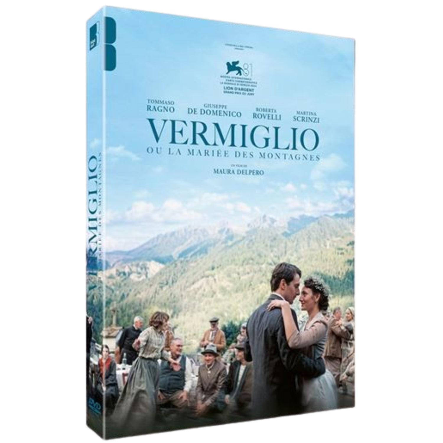 DVD-hoes van 'Vermiglio'. Een stel omhelst elkaar voor een berglandschap. Titel en namen van de cast worden weergegeven, met andere mensen.