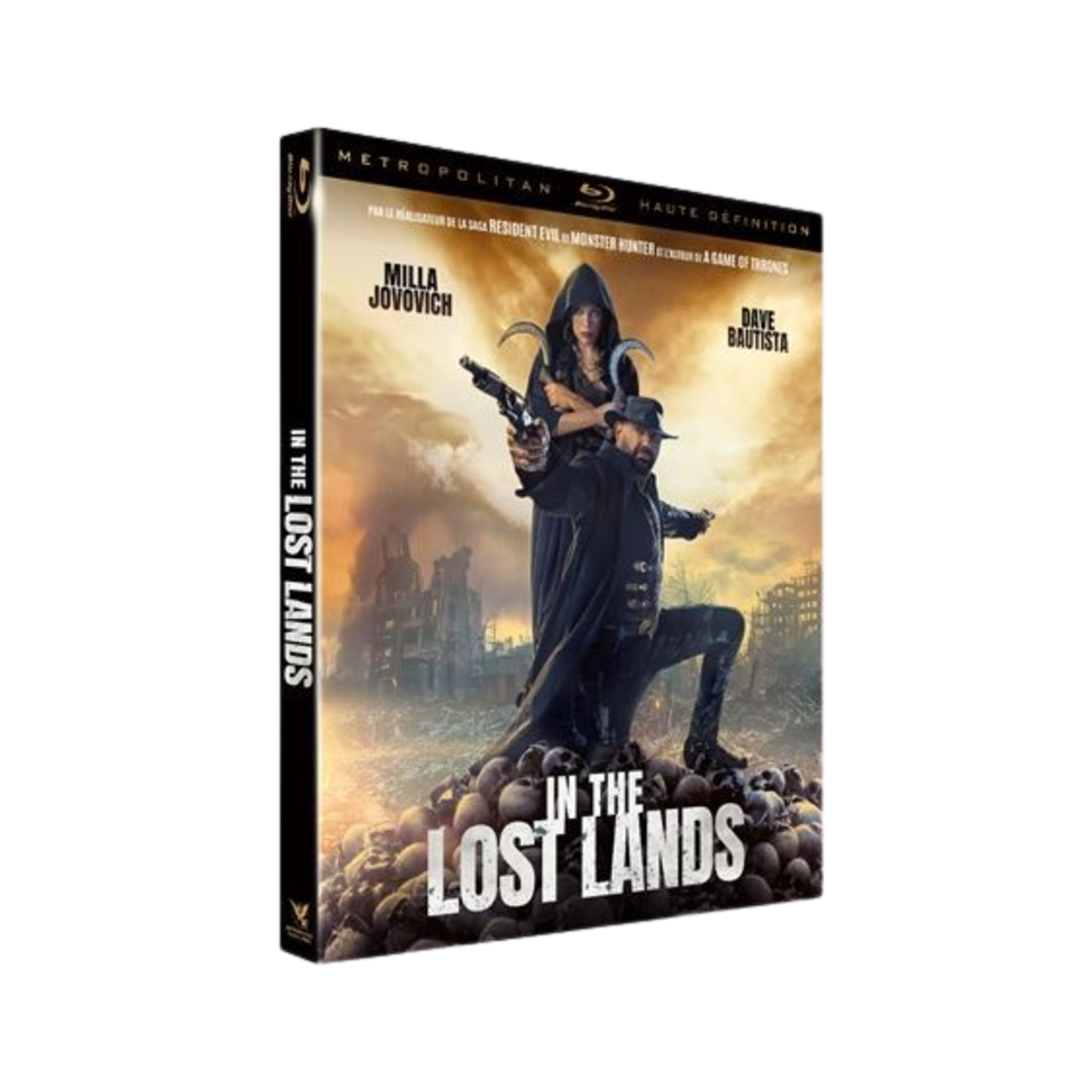 Couverture de film: Milla Jovovich et Dave Bautista dans un cadre fantastique. Titre "In The Lost Lands". Personnages sur des crânes, ruines en arrière-plan.