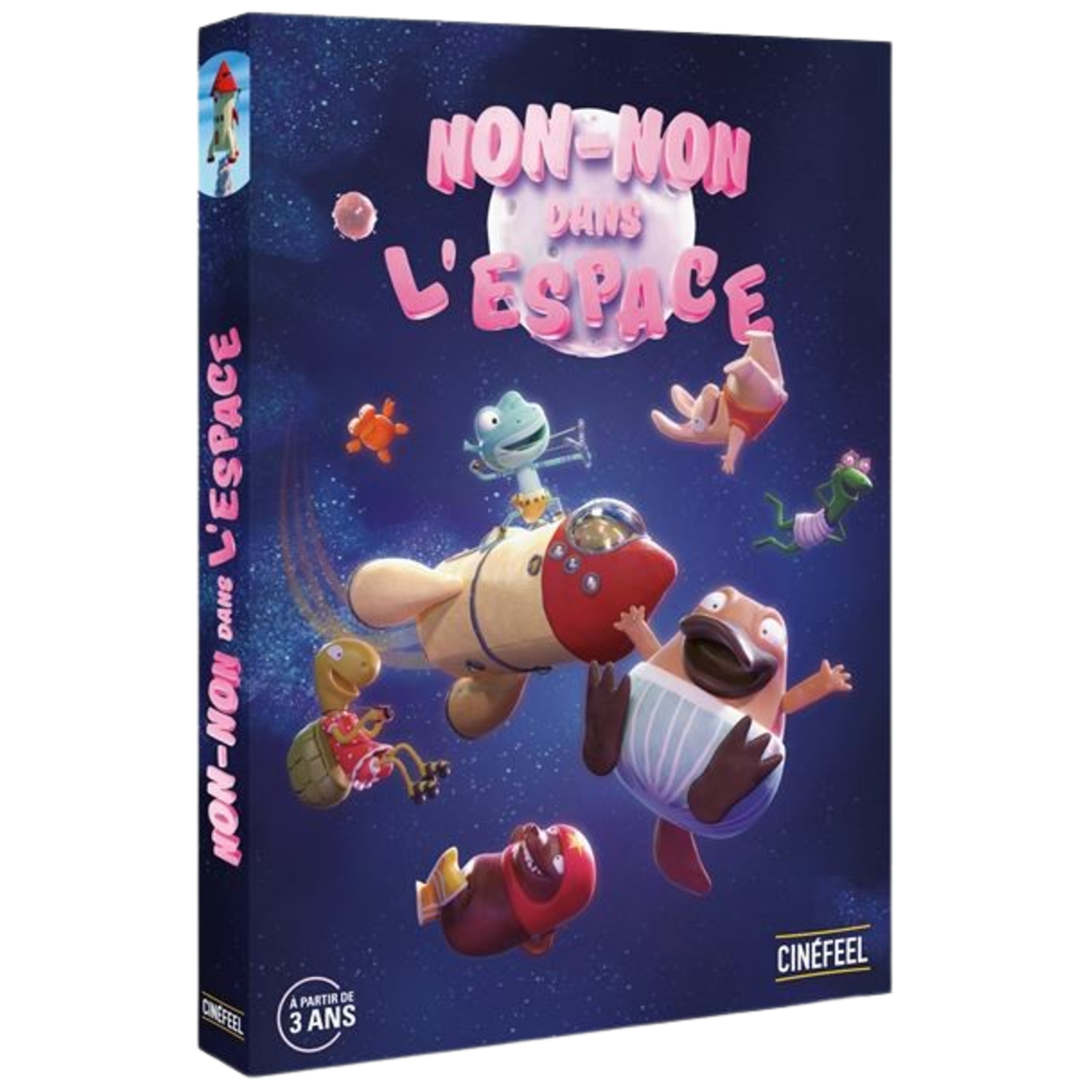 Een box art voor een kinderfilm, "Non-Non dans l'espace", met stripfiguren in de ruimte, raket, sterren en een maan.