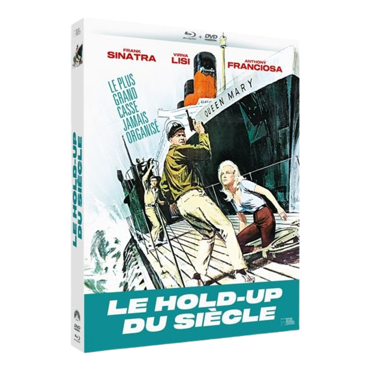 Filmposter: Frank Sinatra, Virna Lisi en Anthony Franciosa op een schip. Tekst: Le Hold-Up du Siècle, Queen Mary.