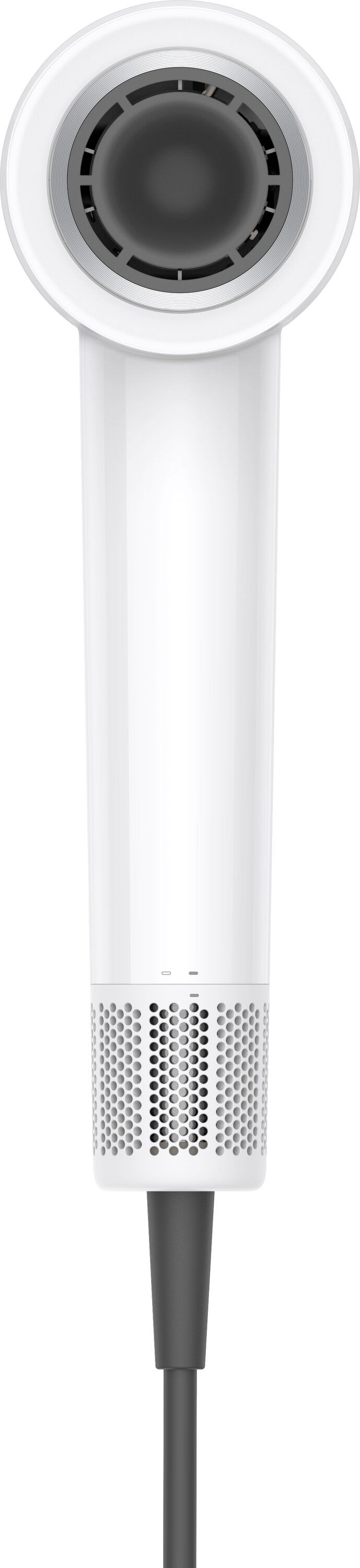 Biała suszarka do włosów z okrągłą głowicą i cylindrycznym korpusem. Głowica ma ciemny środek i srebrny pierścień.