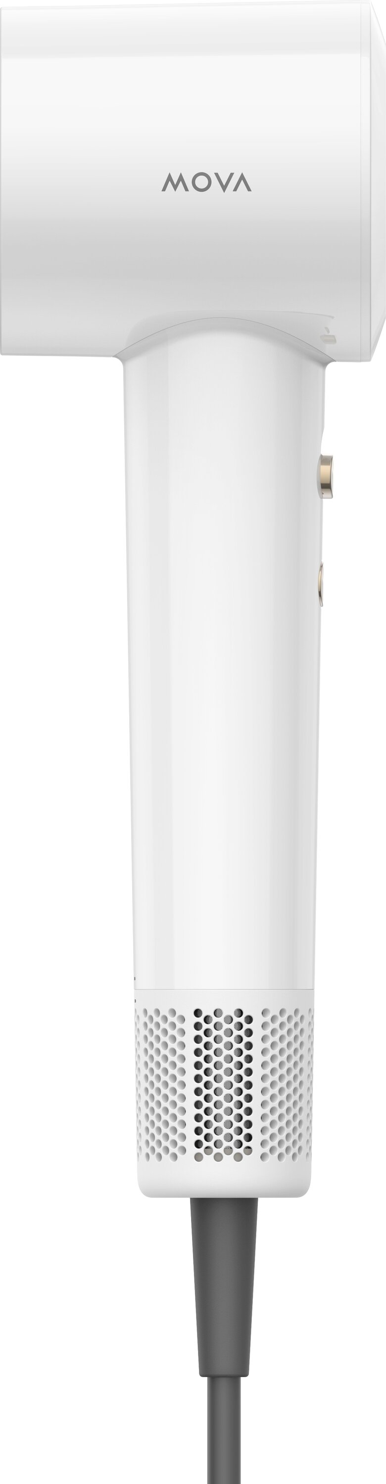 Biała suszarka do włosów z napisem MOVA. Ma cylindryczny korpus, kratkę na dole i szary przewód.