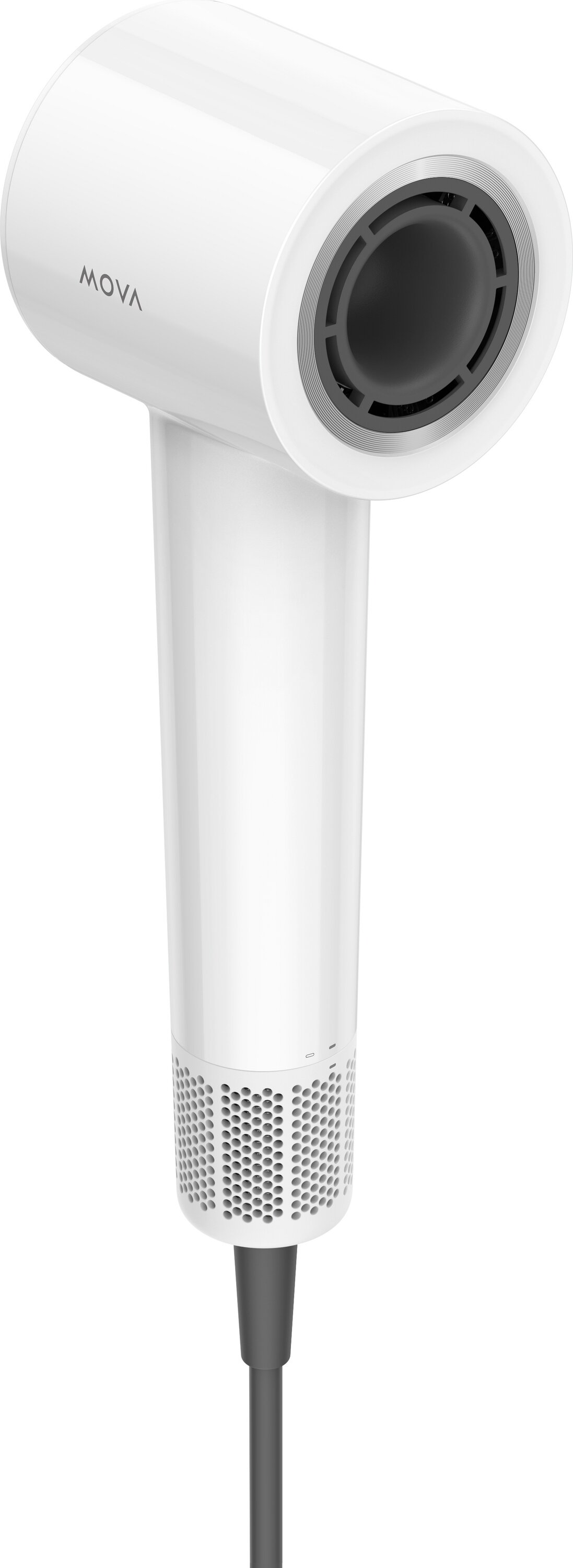Biała suszarka do włosów z logo MOVA. Ma cylindryczną głowicę z ciemnoszarym wnętrzem i długim uchwytem.