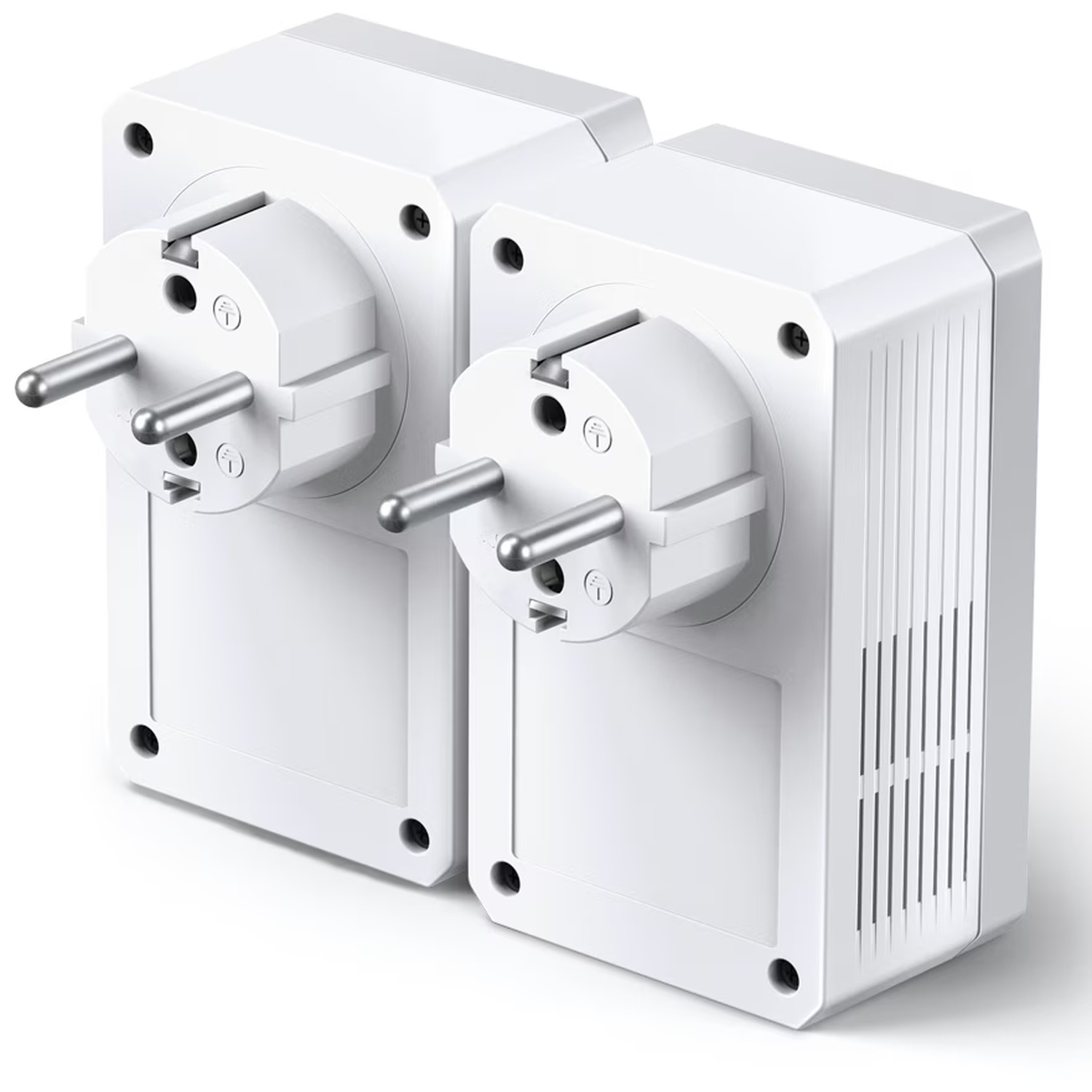 Deux adaptateurs électriques blancs avec broches argentées sur une surface blanche. Ils sont côte à côte, montrant leurs prises.