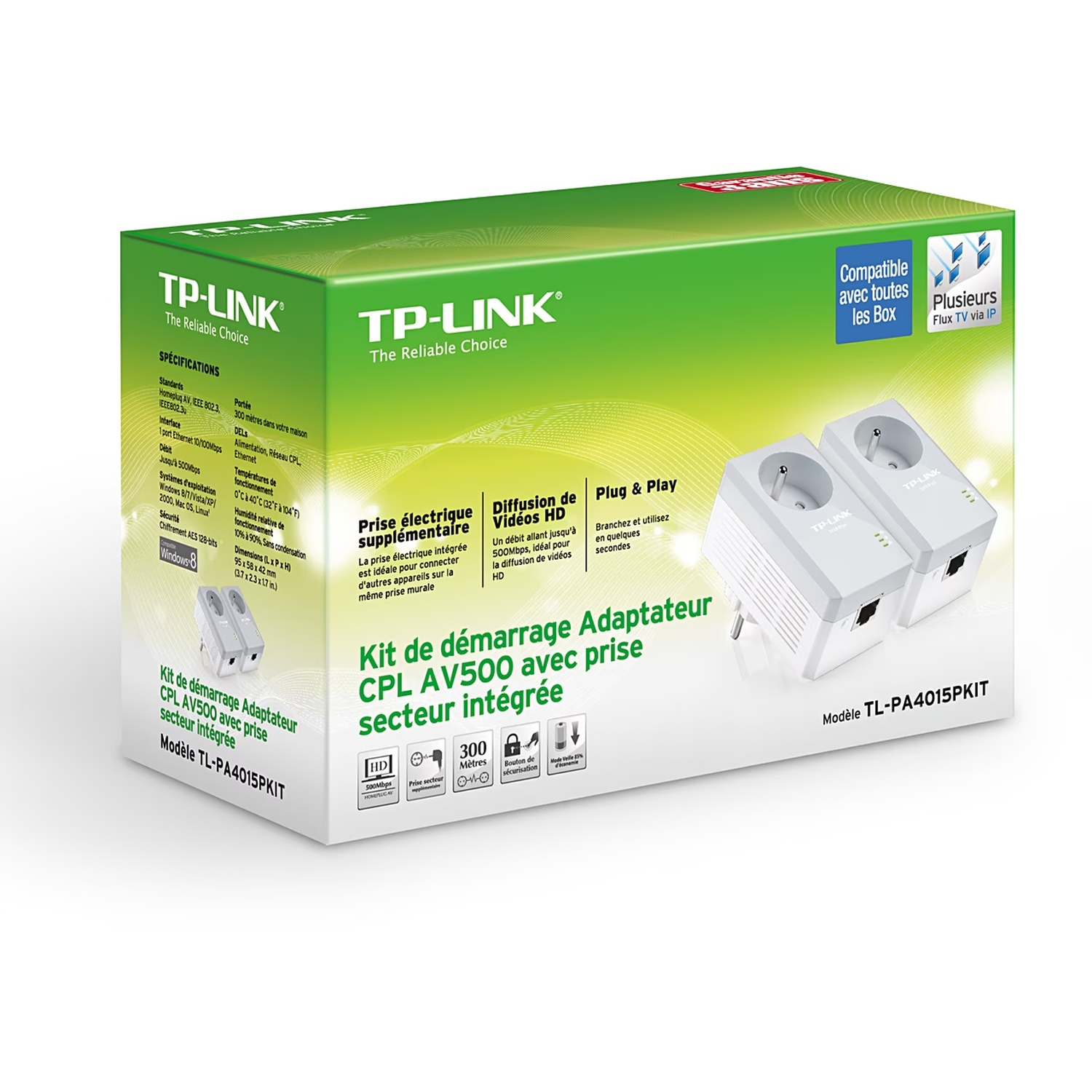 Une boîte TP-Link avec deux adaptateurs blancs. Le texte inclut 'Kit de démarrage' et 'AV500'. Schéma de couleurs vert et blanc.