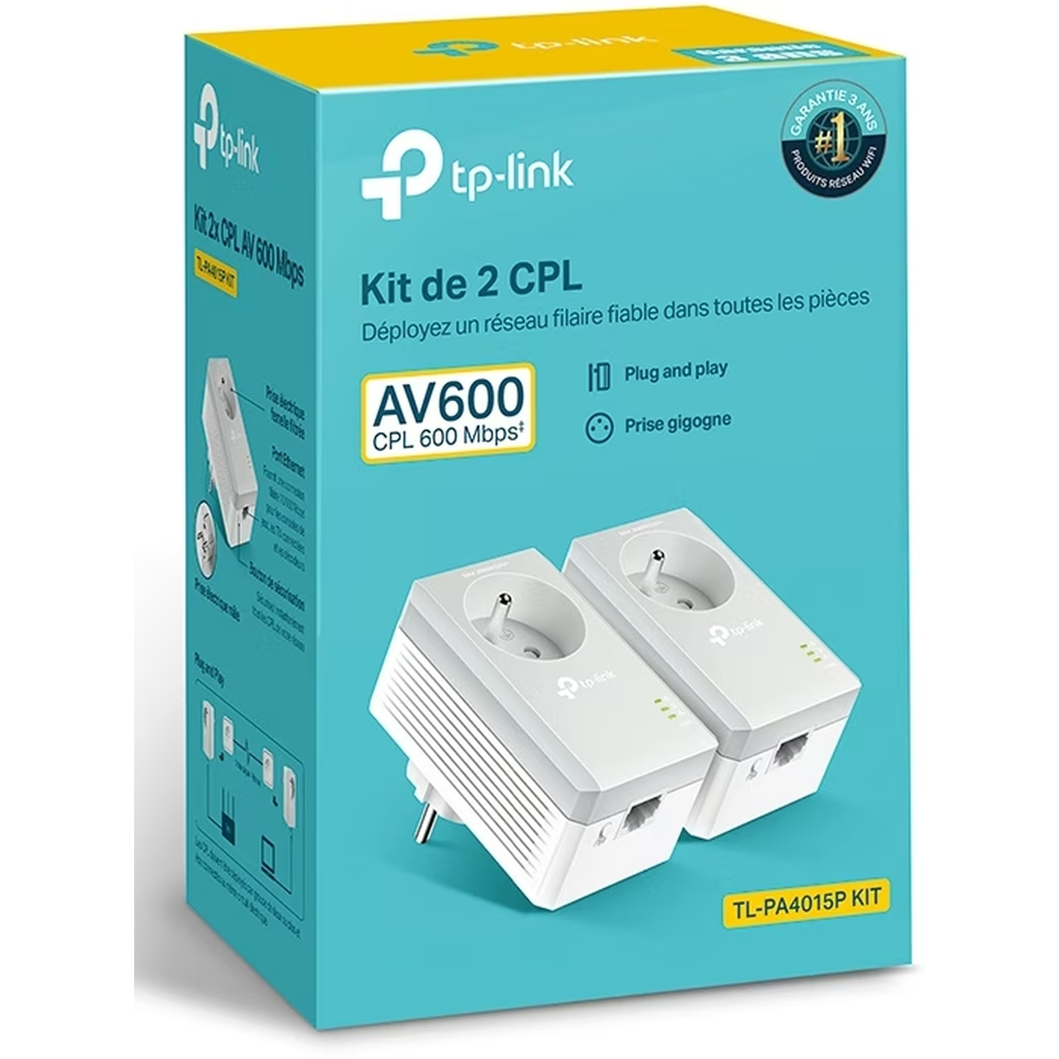 Une boîte Tp-link avec deux adaptateurs CPL blancs. Le texte sur la boîte indique 'Kit de 2 CPL AV600' et 'Plug and play'.