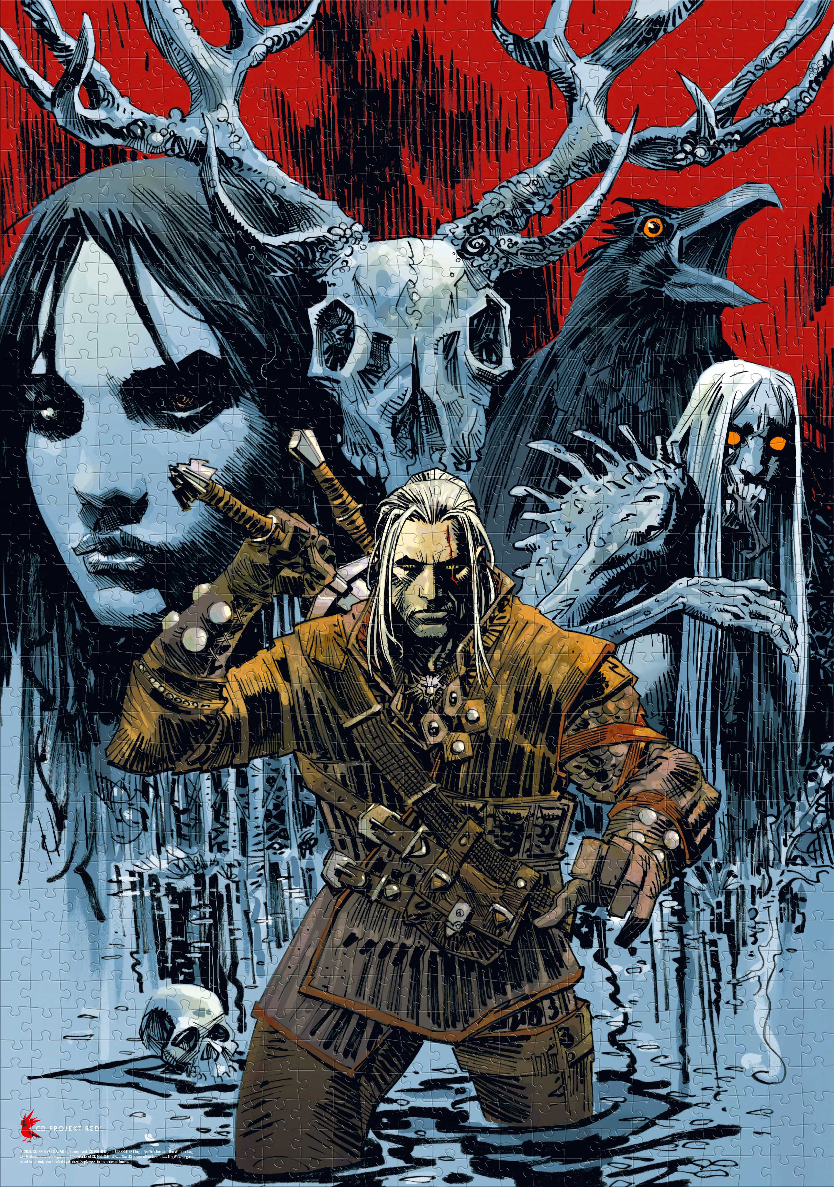 Egy Witcher illusztrációja karddal, fantáziafigurákkal és koponyával körülvéve, piros háttérrel.