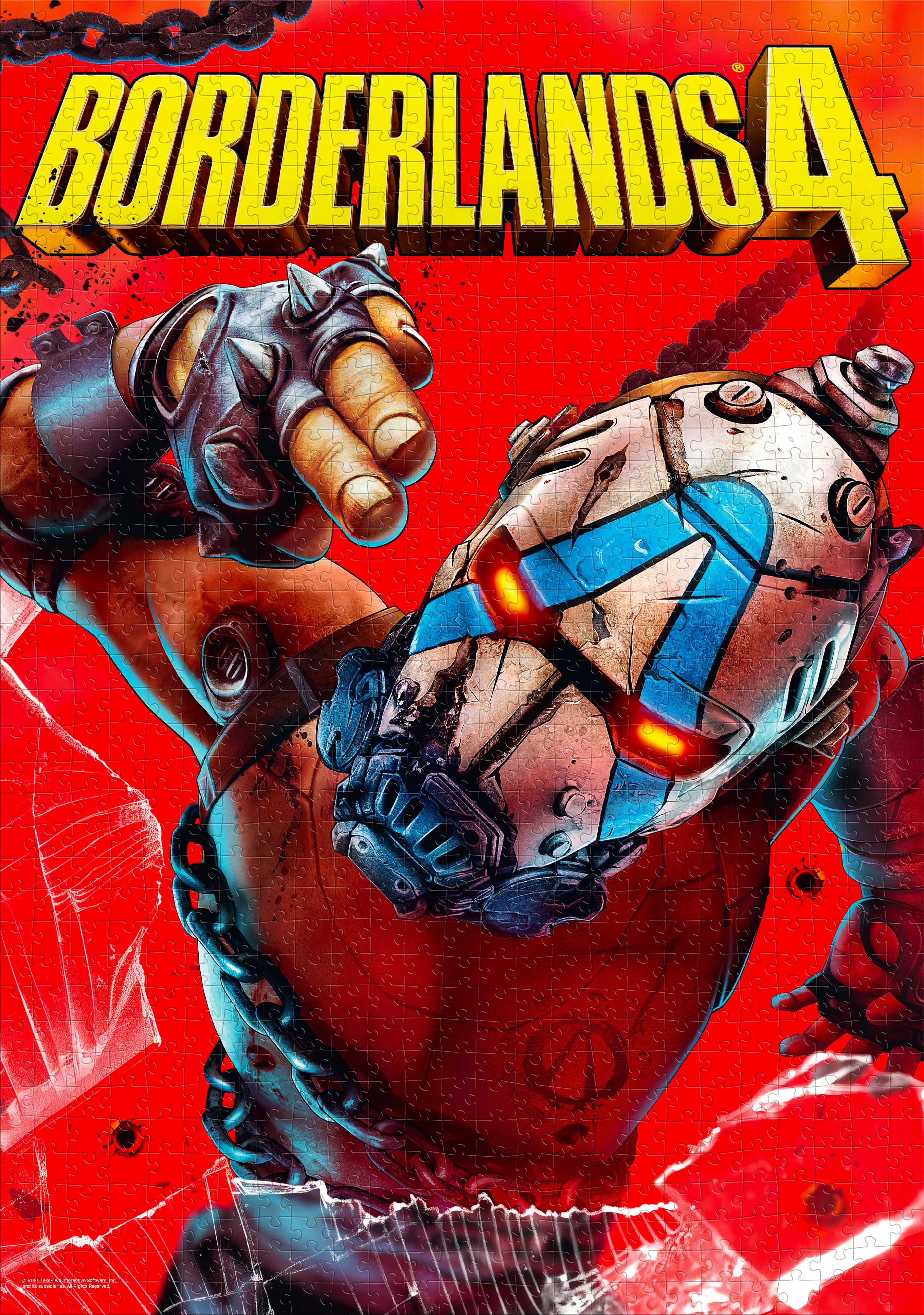 Borderlands 4 kirakós. Egy karakter kék akcentusú sisakban és lánccal. A háttér piros.