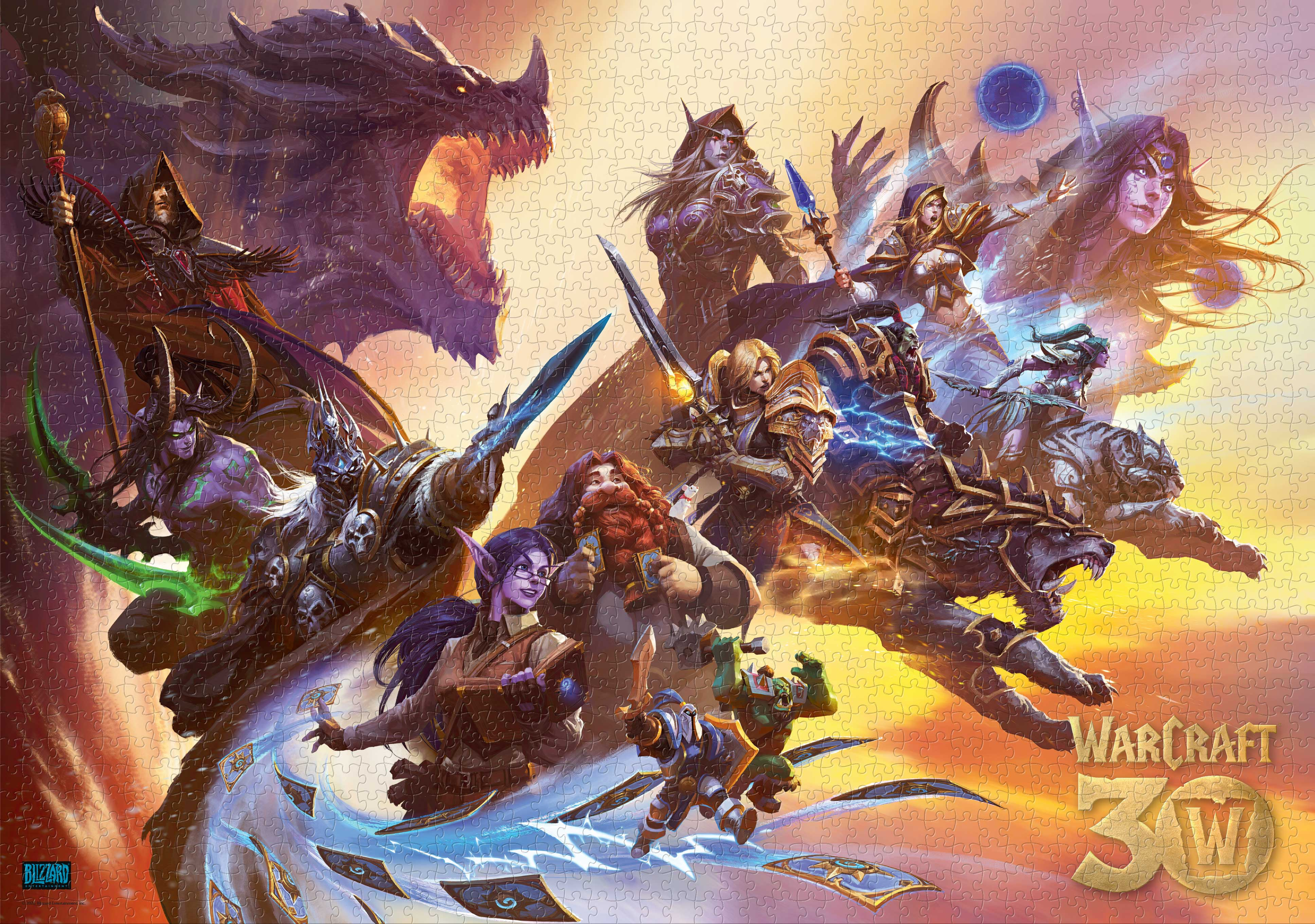 Warcraft 30. évfordulós alkotás. Sok szereplő akcióban, köztük egy sárkány, elfek, emberek és mitikus lények.