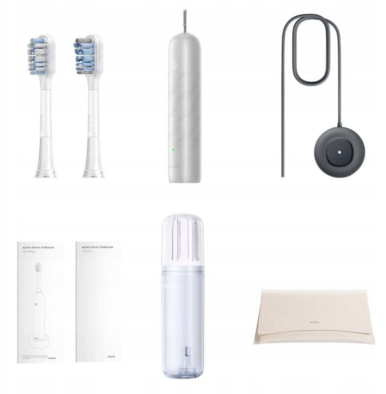 Zestaw elementów szczoteczki elektrycznej: głowice, rączka, ładowarka, etui podróżne i instrukcje. Wszystkie elementy są białe i szare.