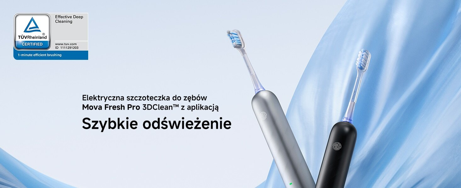 Obraz przedstawia dwie elektryczne szczoteczki do zębów, srebrną i czarną, na niebieskim tle. Logo i tekst reklamują skuteczne czyszczenie.