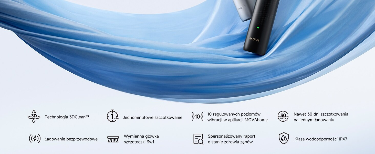 Obraz przedstawia dwie szczoteczki do zębów MOVA, jedną czarną i jedną srebrną, na tle płynącej niebieskiej tkaniny.