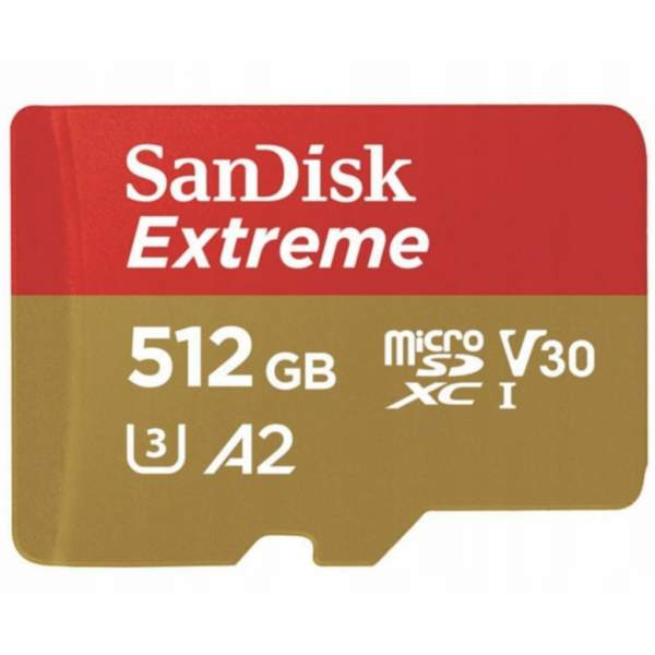 Karta microSD SanDisk Extreme. Jest czerwona i złota, z tekstem 'SanDisk Extreme', '512 GB' i innymi specyfikacjami.
