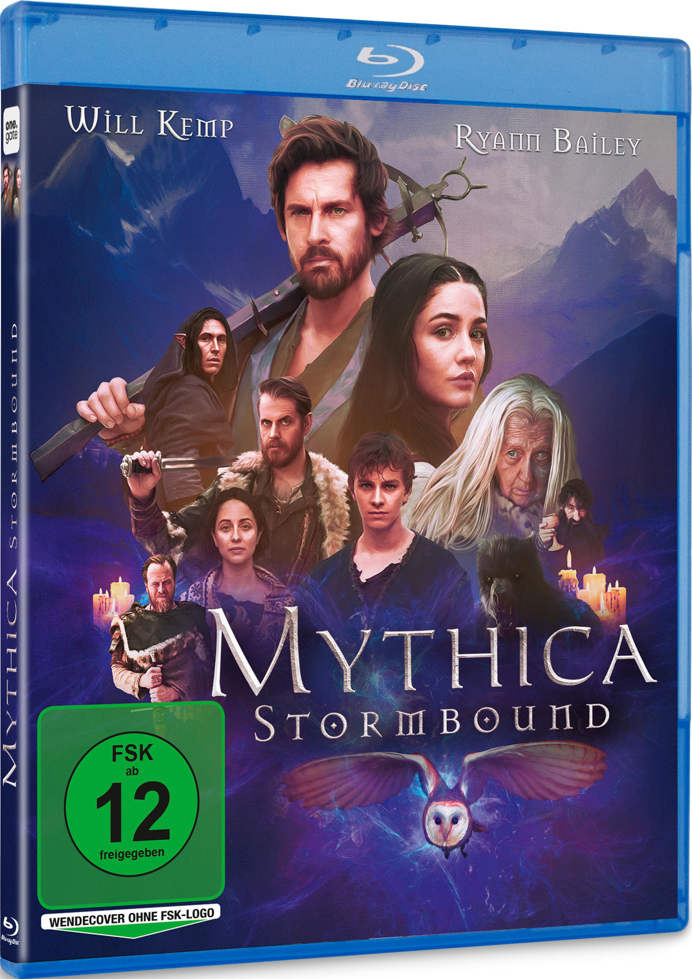Blu-ray-Cover von Mythica: Stormbound. Es zeigt mehrere Personen und eine Eule, mit Bergen im Hintergrund.